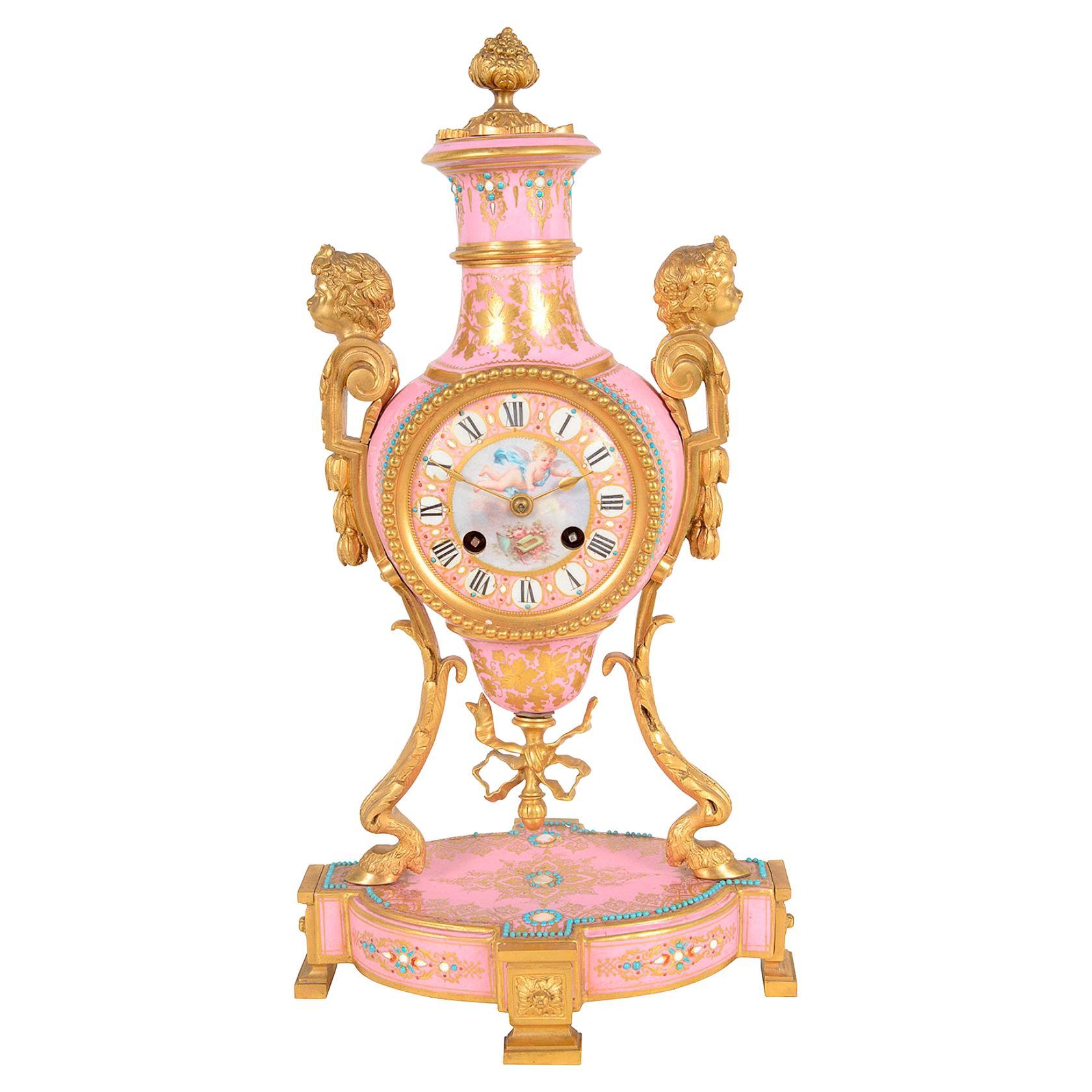 Louis XVI Style Pink Porcelain Mantel Clock, 19th Century For Sale