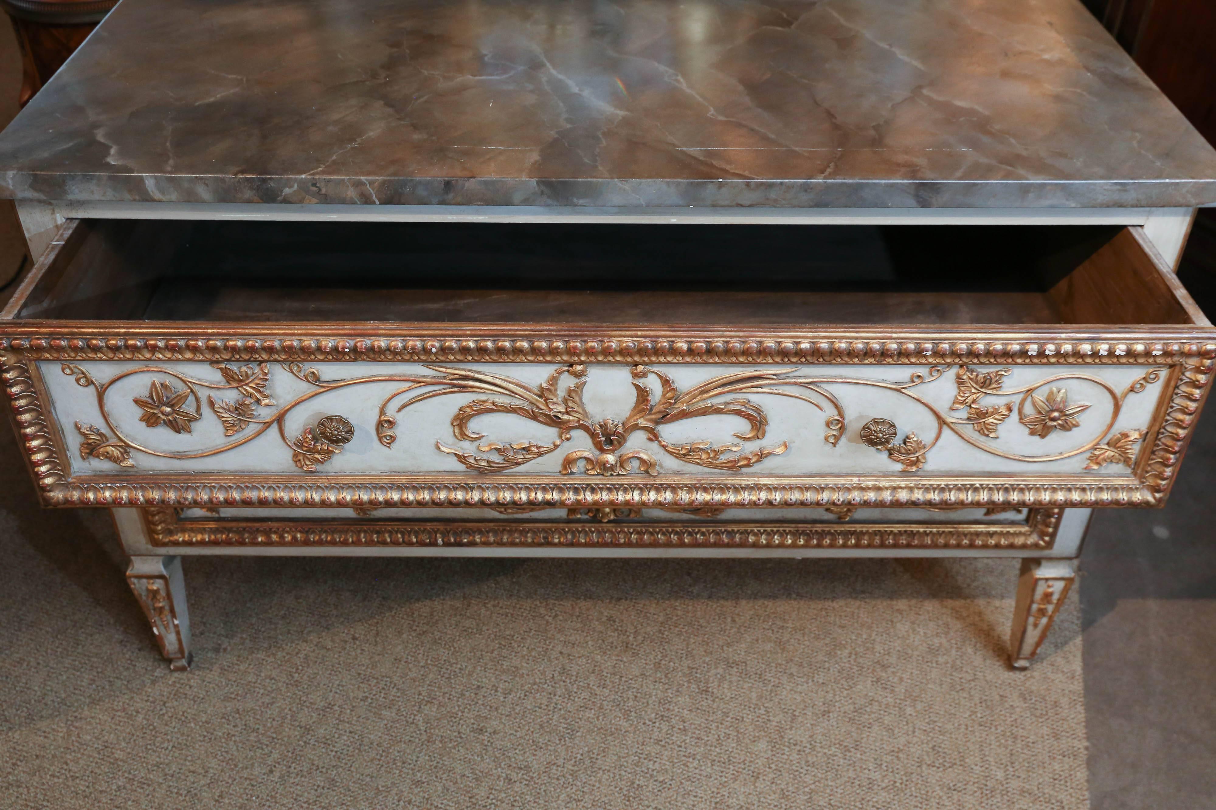 Hardwood Louis XVI-Style Polychrome and Faux Marbre Commode, 19th Century