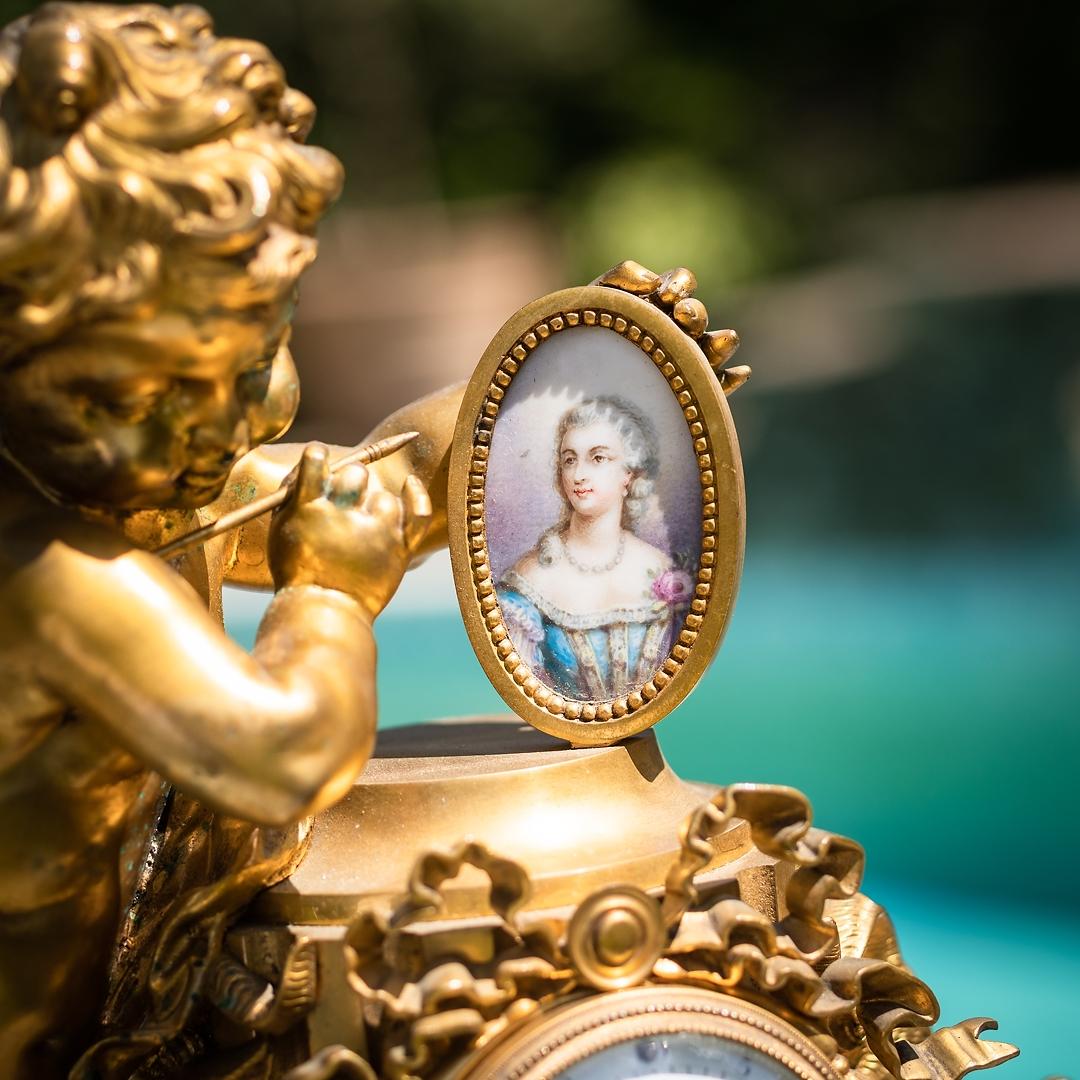 French Louis XVI Style Porcelain Mounted Figural Clock, Allegorical of the Arts For Sale