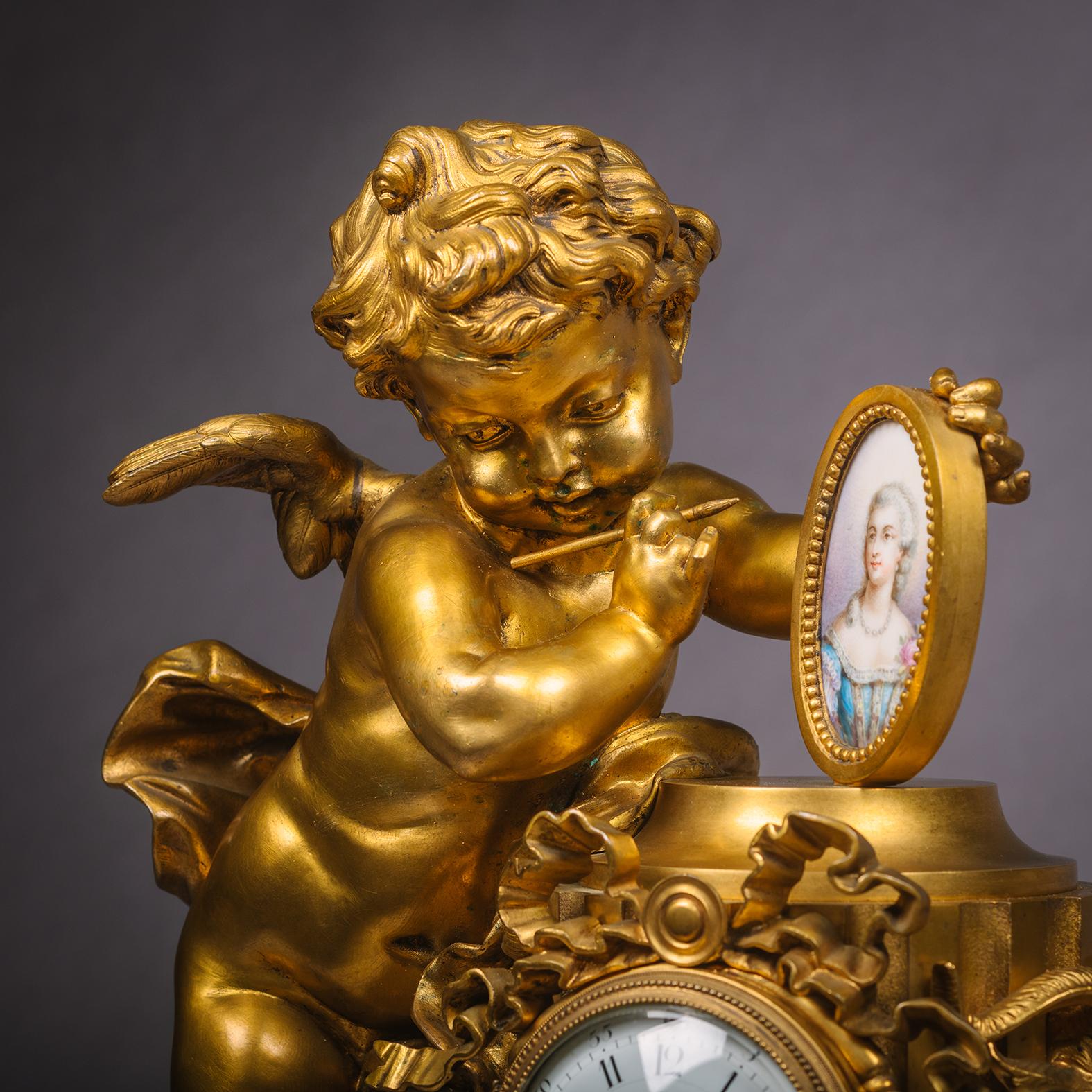 Francese Orologio figurato con montatura in porcellana in stile Luigi XVI, Allegorico delle Arti in vendita