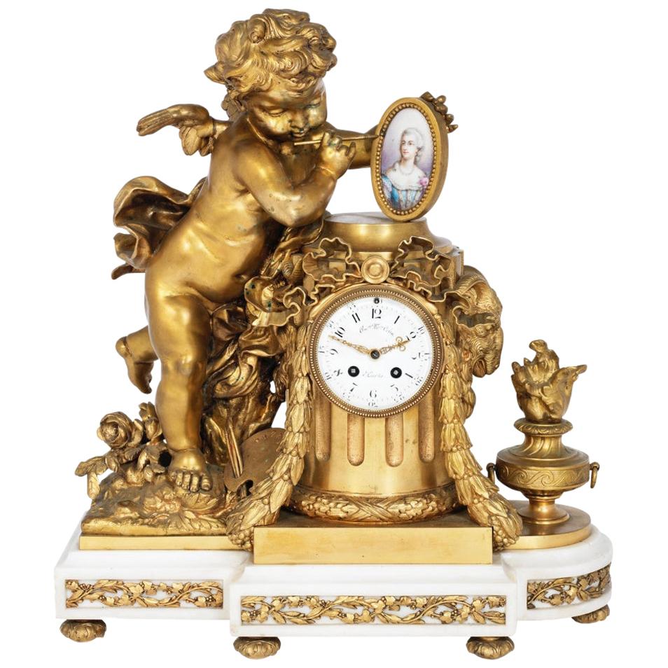 Louis XVI Style Porcelain Mounted Figural Clock, Allegorical of the Arts For Sale