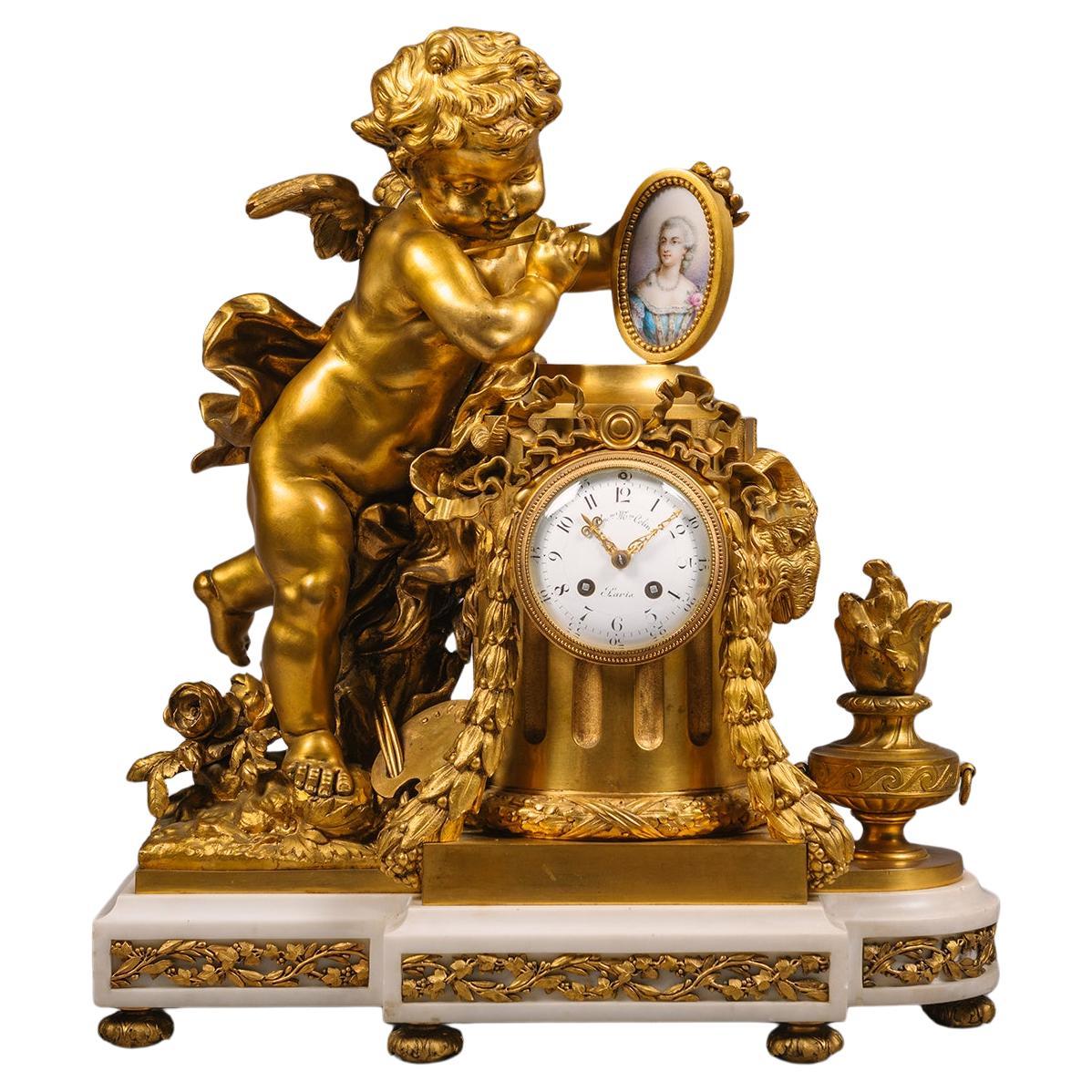 Louis XVI Style Porcelain Mounted Figural Clock, Allegorical of the Arts