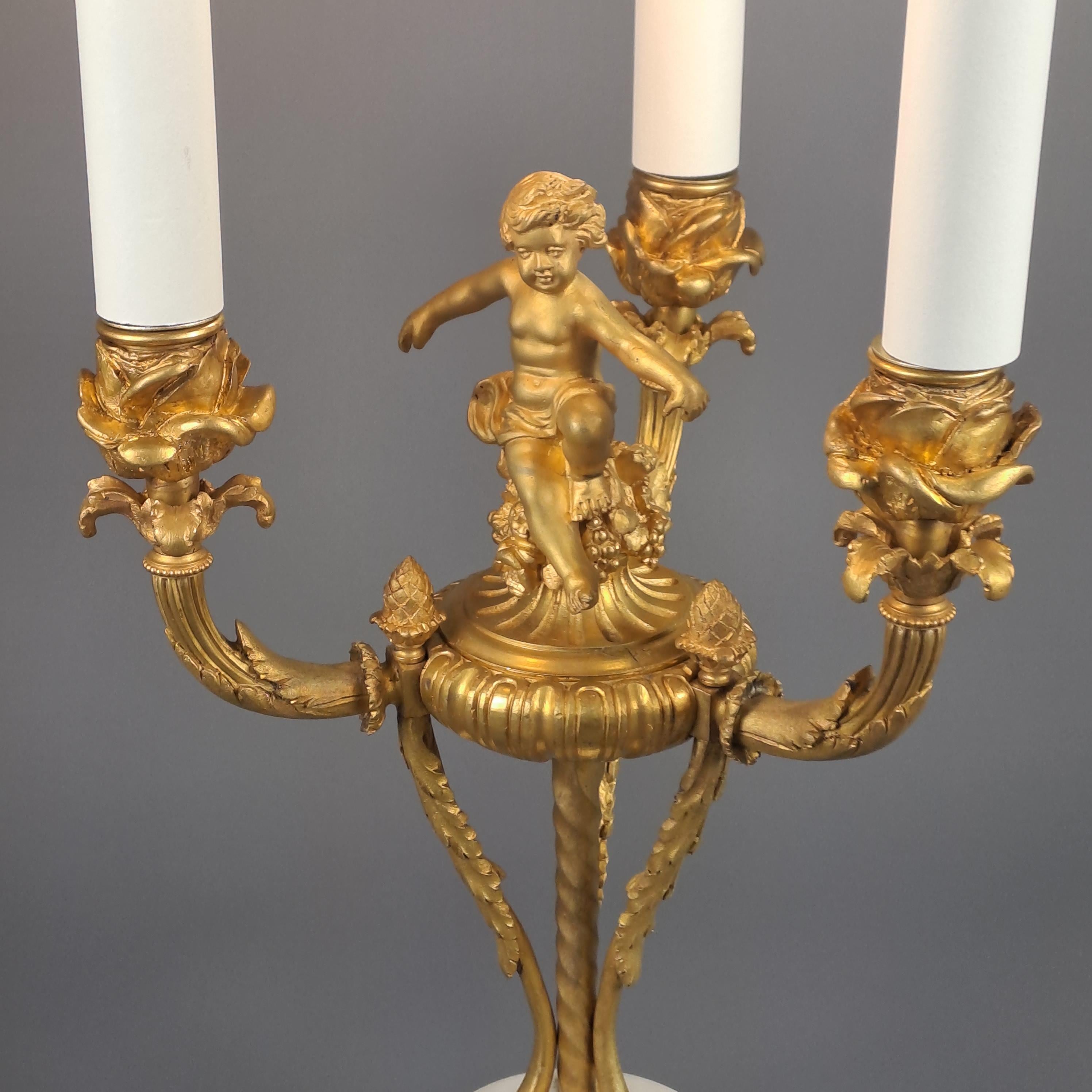 Louis XVI Style Putti Candlestick in Gilt Bronze and Mounted as a Lamp For Sale 6