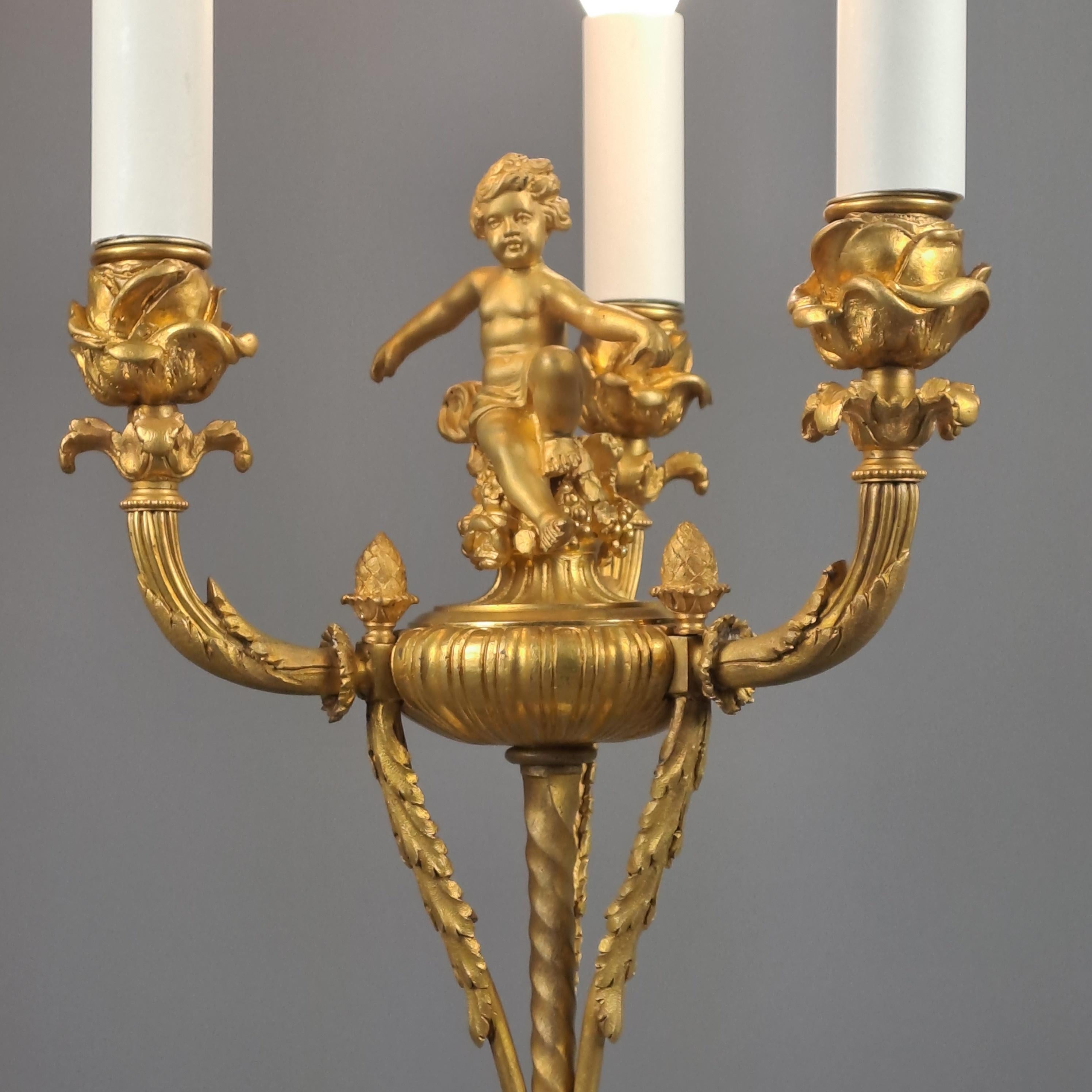 Louis XVI Style Putti Candlestick in Gilt Bronze and Mounted as a Lamp For Sale 7