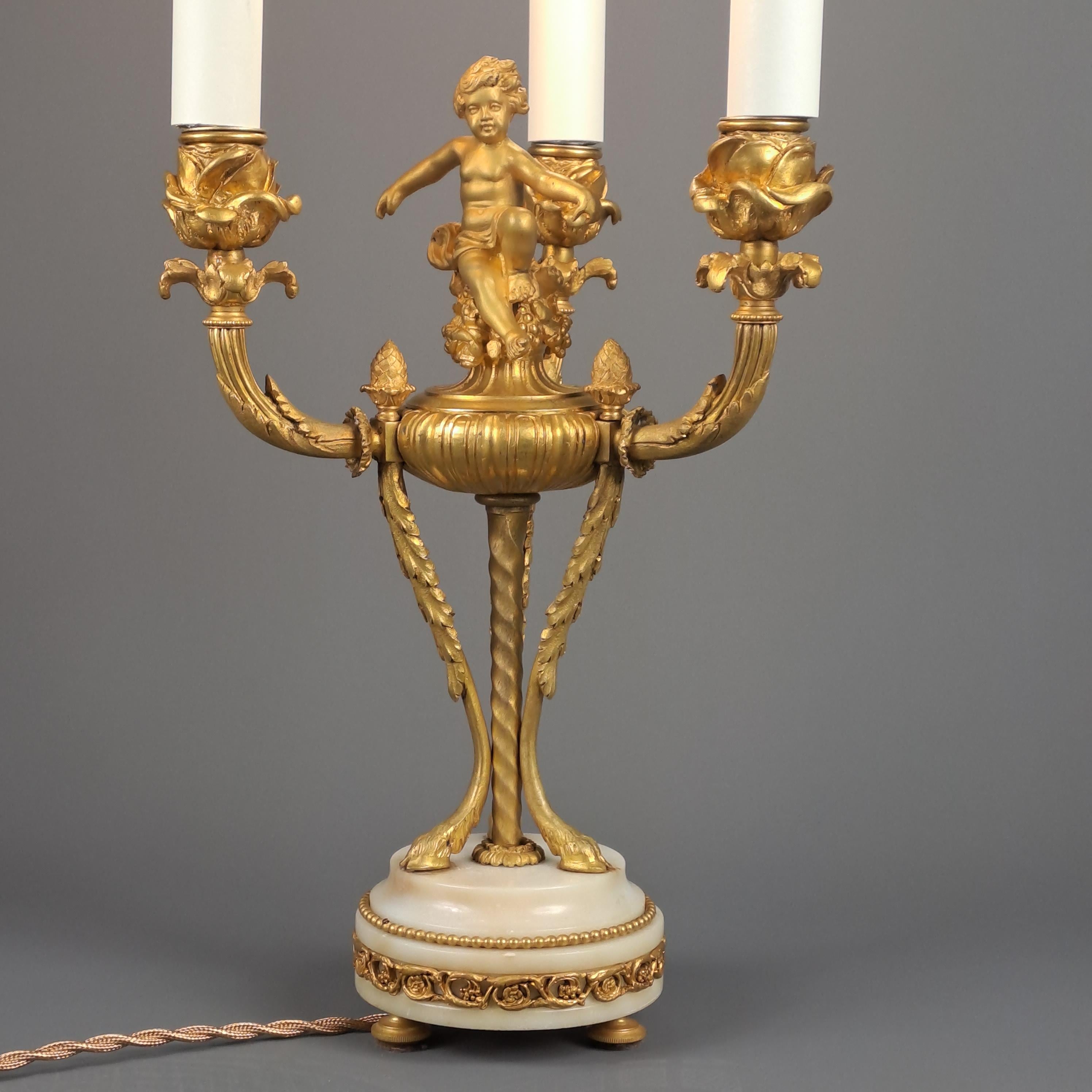 Français Bougeoir Putti de style Louis XVI en bronze doré et monté comme une lampe en vente