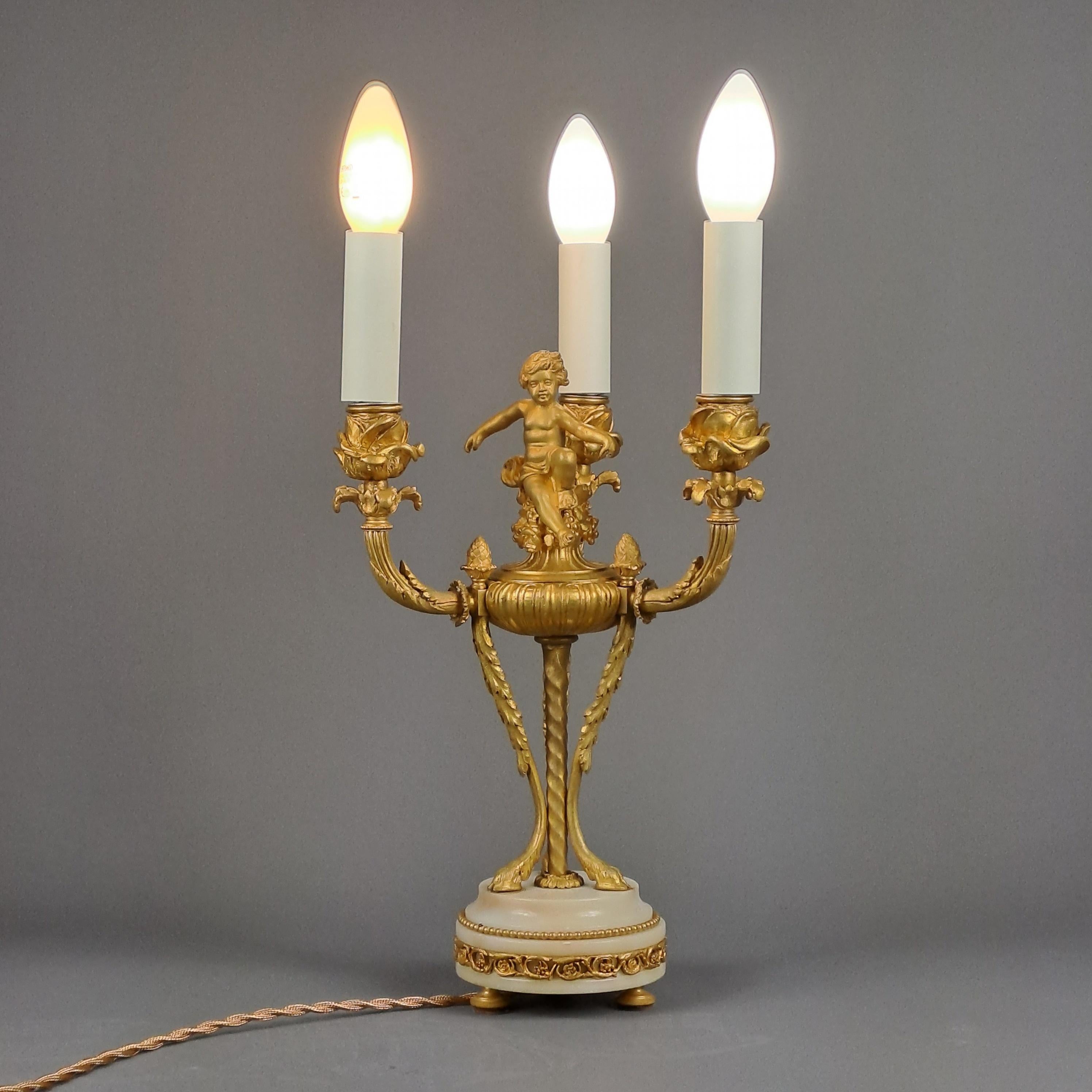 Louis XVI Style Putti Candlestick in Gilt Bronze and Mounted as a Lamp In Good Condition For Sale In BARSAC, FR