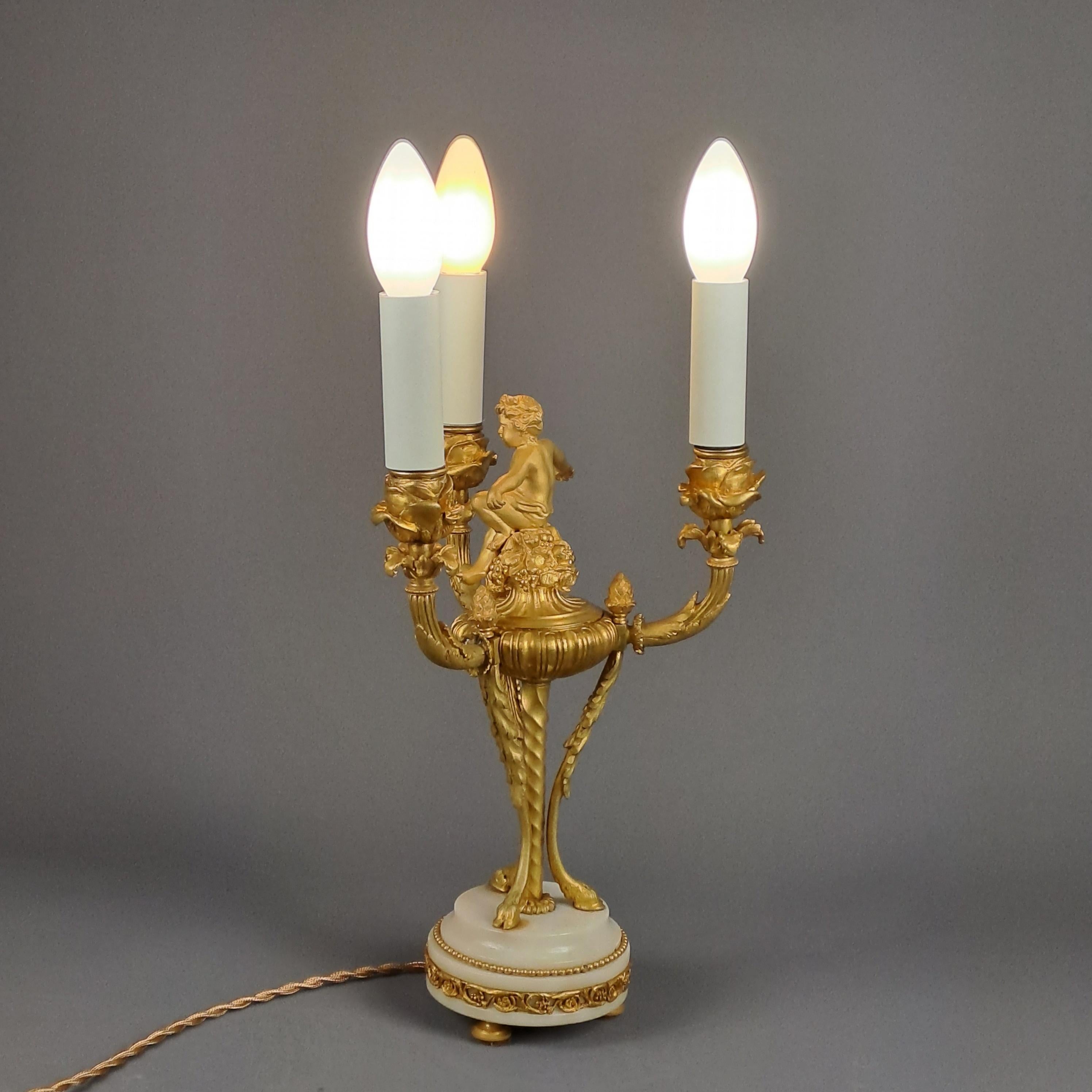 19th Century Louis XVI Style Putti Candlestick in Gilt Bronze and Mounted as a Lamp For Sale