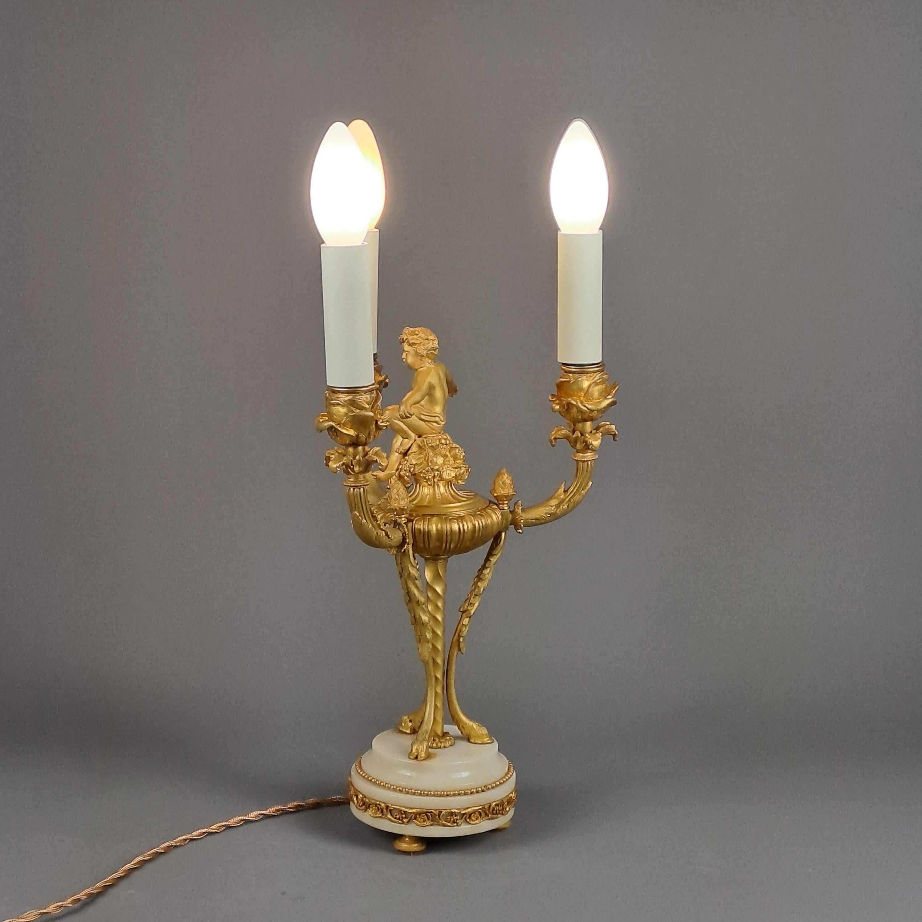 Louis XVI Style Putti Candlestick in Gilt Bronze and Mounted as a Lamp For Sale 2