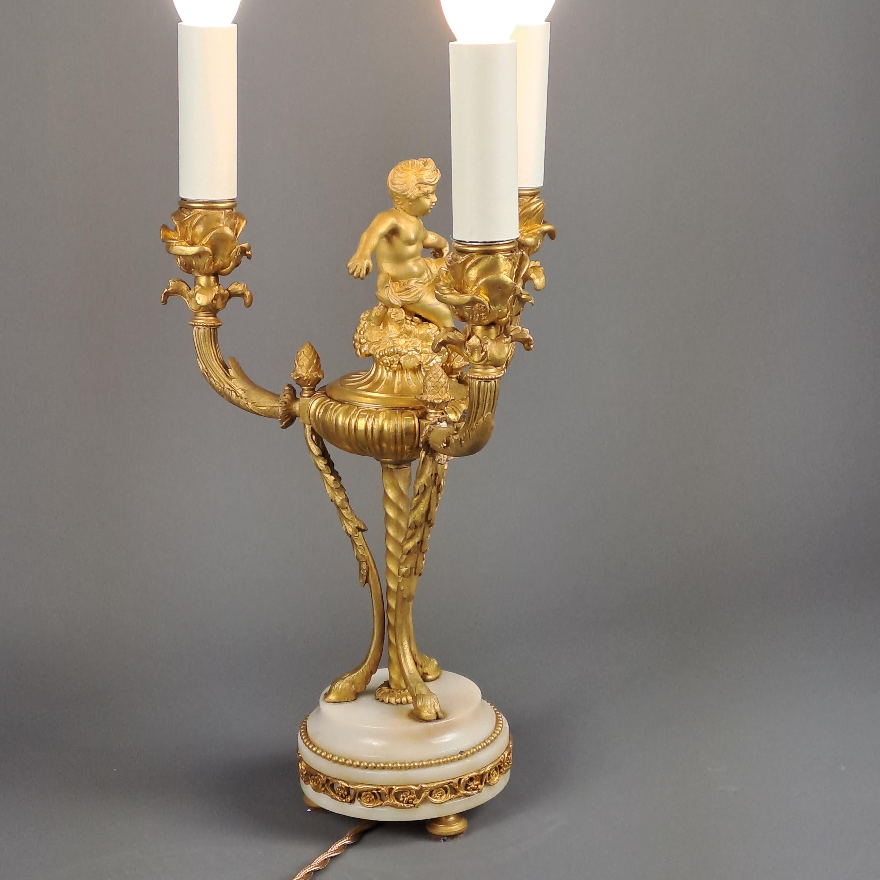 Louis XVI Style Putti Candlestick in Gilt Bronze and Mounted as a Lamp For Sale 3