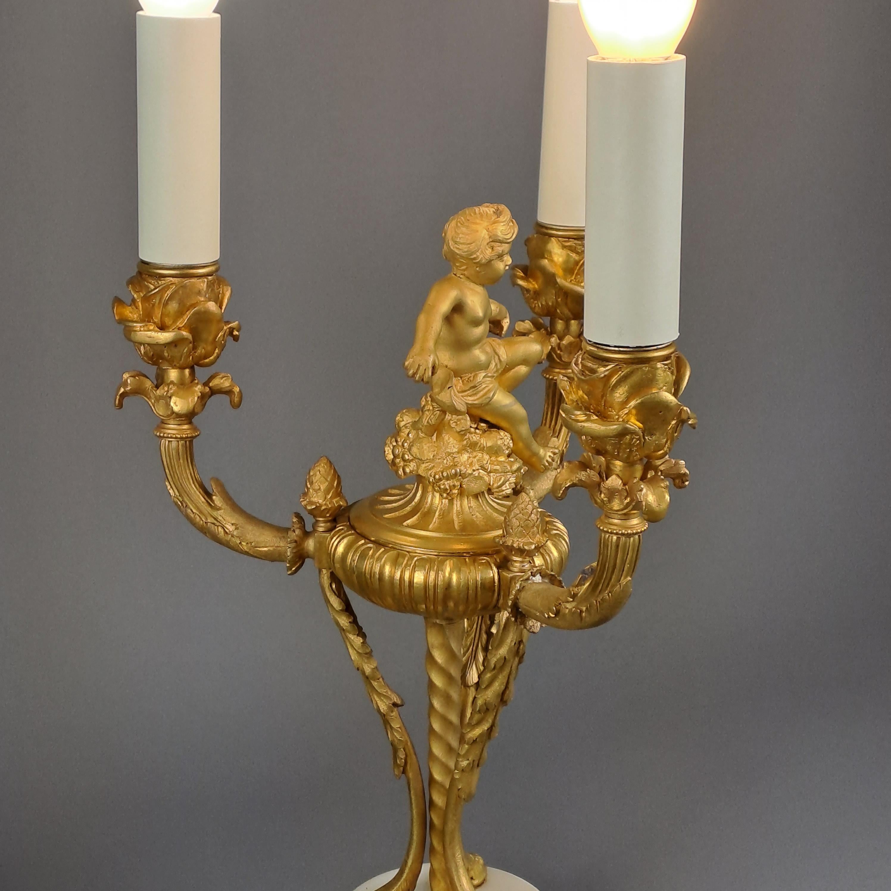 Louis XVI Style Putti Candlestick in Gilt Bronze and Mounted as a Lamp For Sale 4