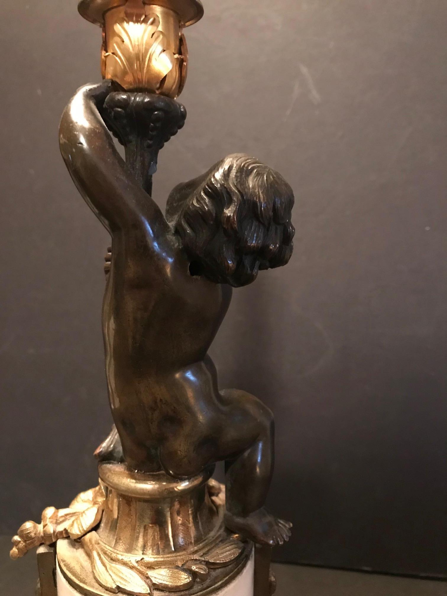 Louis XVI Style Putto Ormolu Patinated Bronze and Marble Candlestick For Sale 6