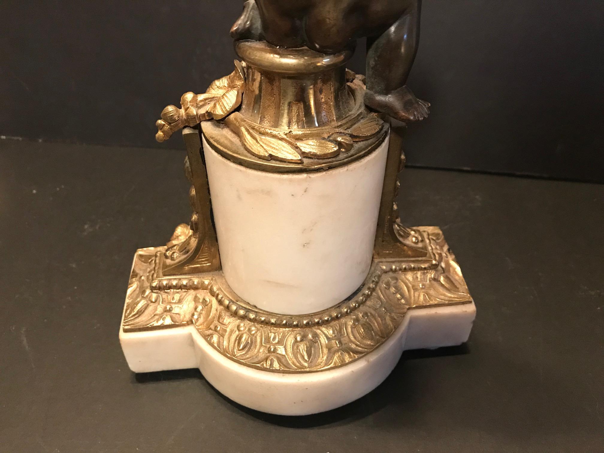 Louis XVI Style Putto Ormolu Patinated Bronze and Marble Candlestick For Sale 7