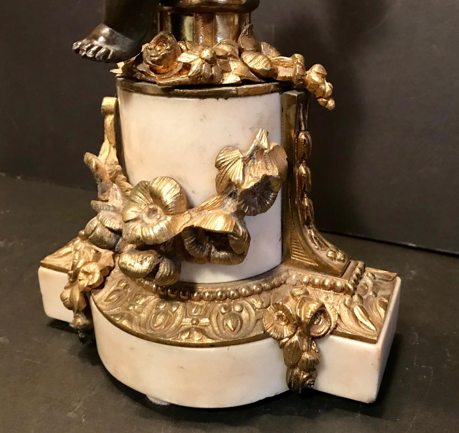 Louis XVI Style Putto Ormolu Patinated Bronze and Marble Candlestick For Sale 9