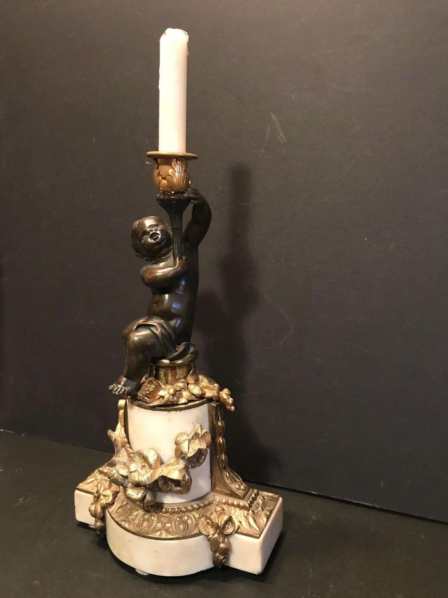 Louis XVI Style Putto Ormolu Patinated Bronze and Marble Candlestick For Sale 3