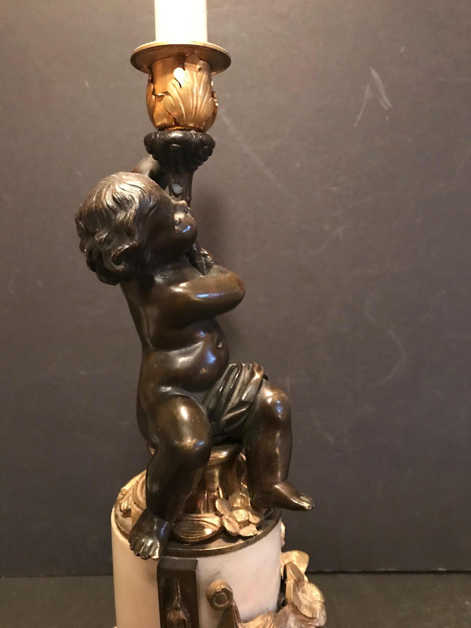 Louis XVI Style Putto Ormolu Patinated Bronze and Marble Candlestick In Good Condition For Sale In Vero Beach, FL