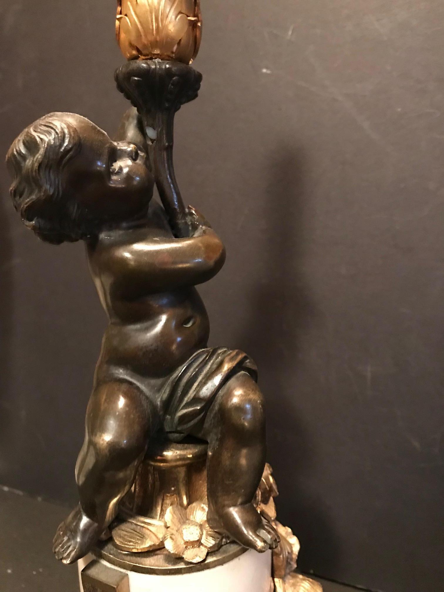 Louis XVI Style Putto Ormolu Patinated Bronze and Marble Candlestick For Sale 2