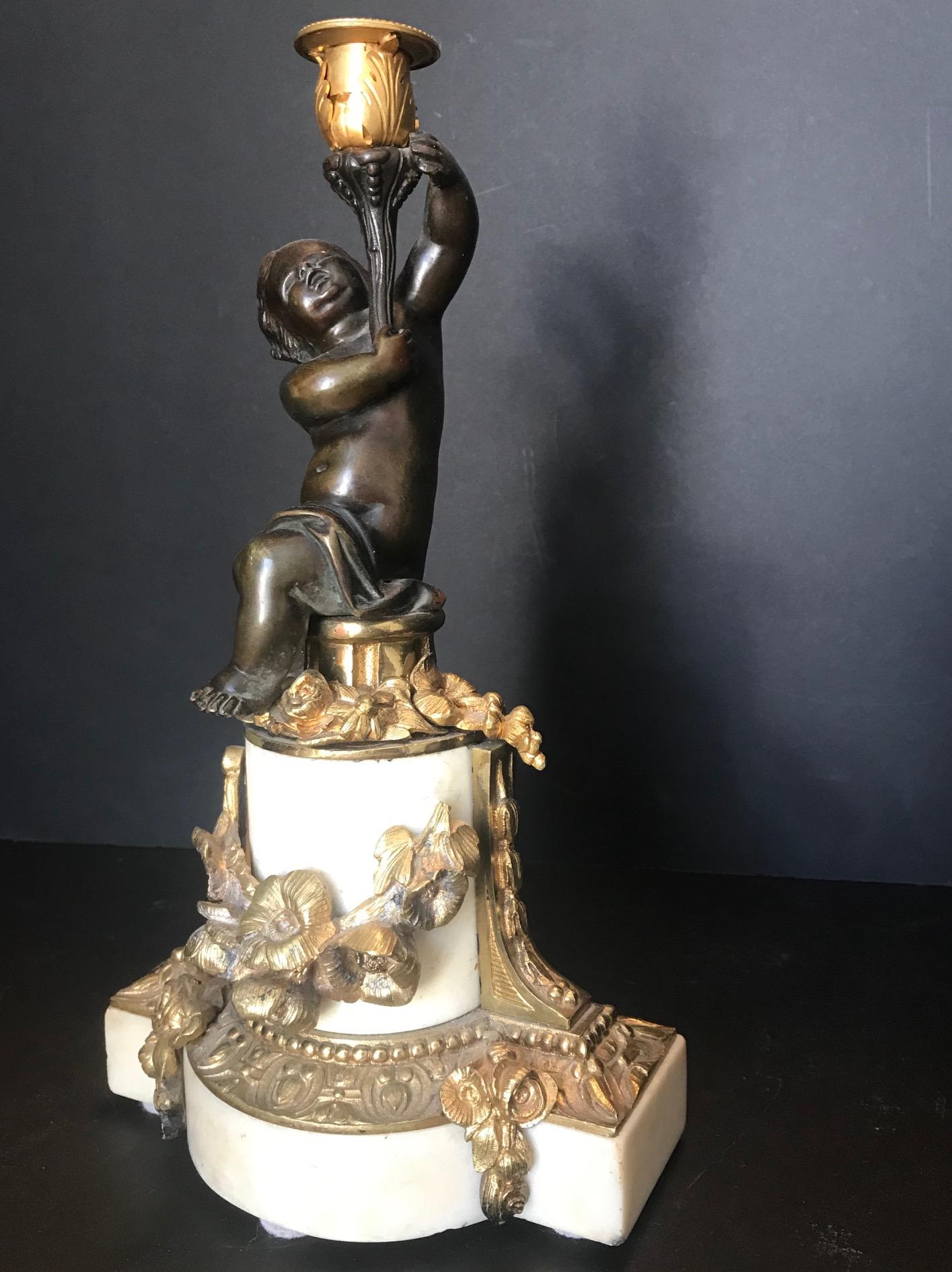 19th Century Louis XVI Style Putto Ormolu Patinated Bronze and Marble Candlestick For Sale