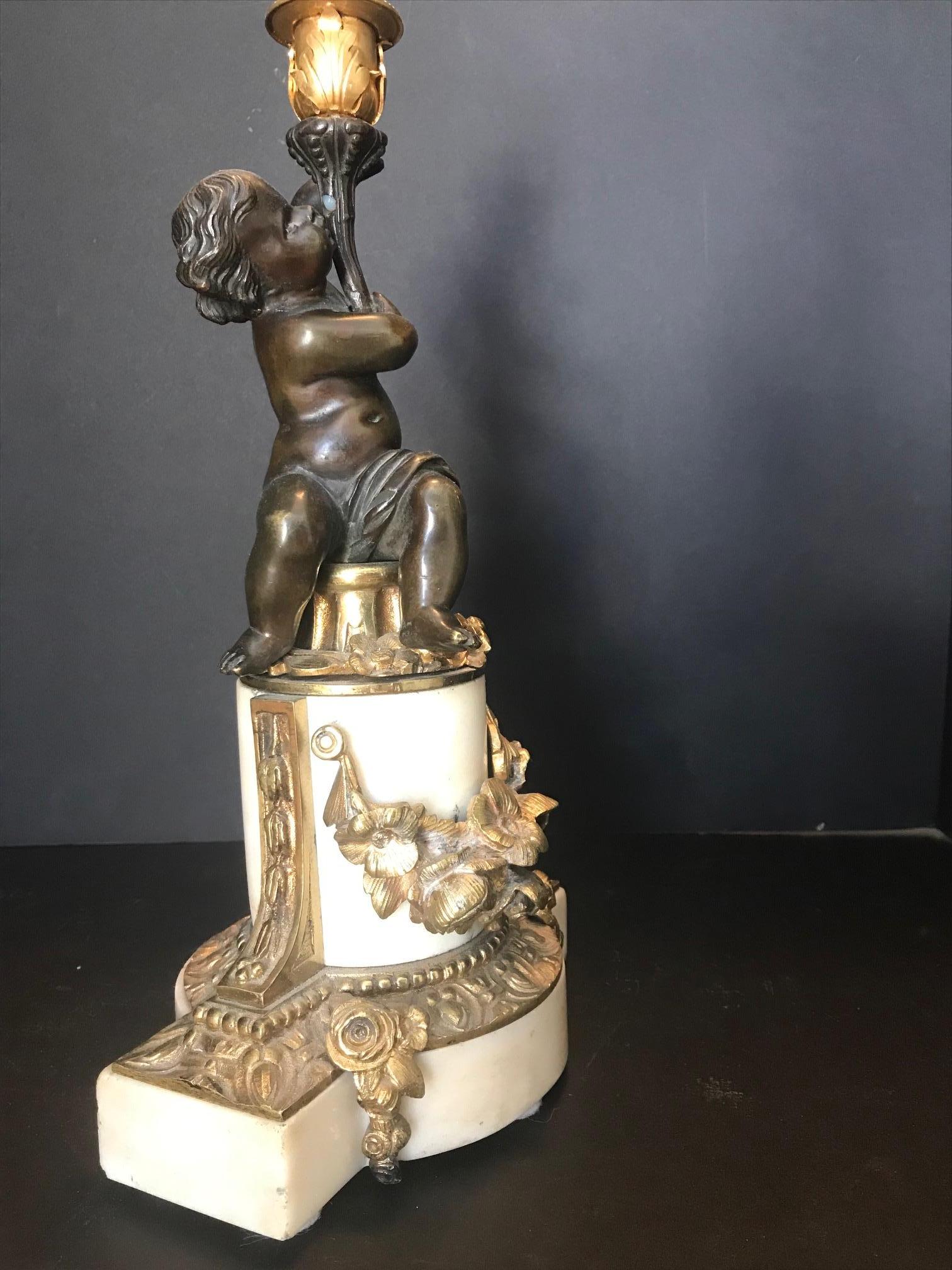 Louis XVI Style Putto Ormolu Patinated Bronze and Marble Candlestick For Sale 1