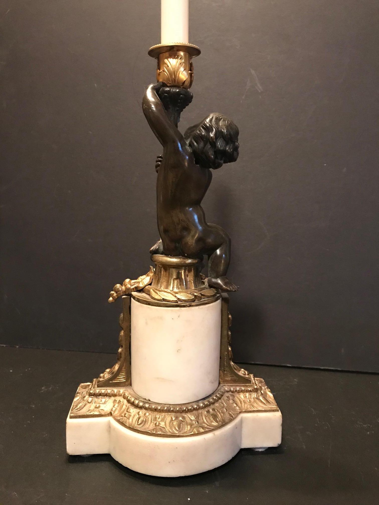 Louis XVI Style Putto Ormolu Patinated Bronze and Marble Candlestick For Sale 5