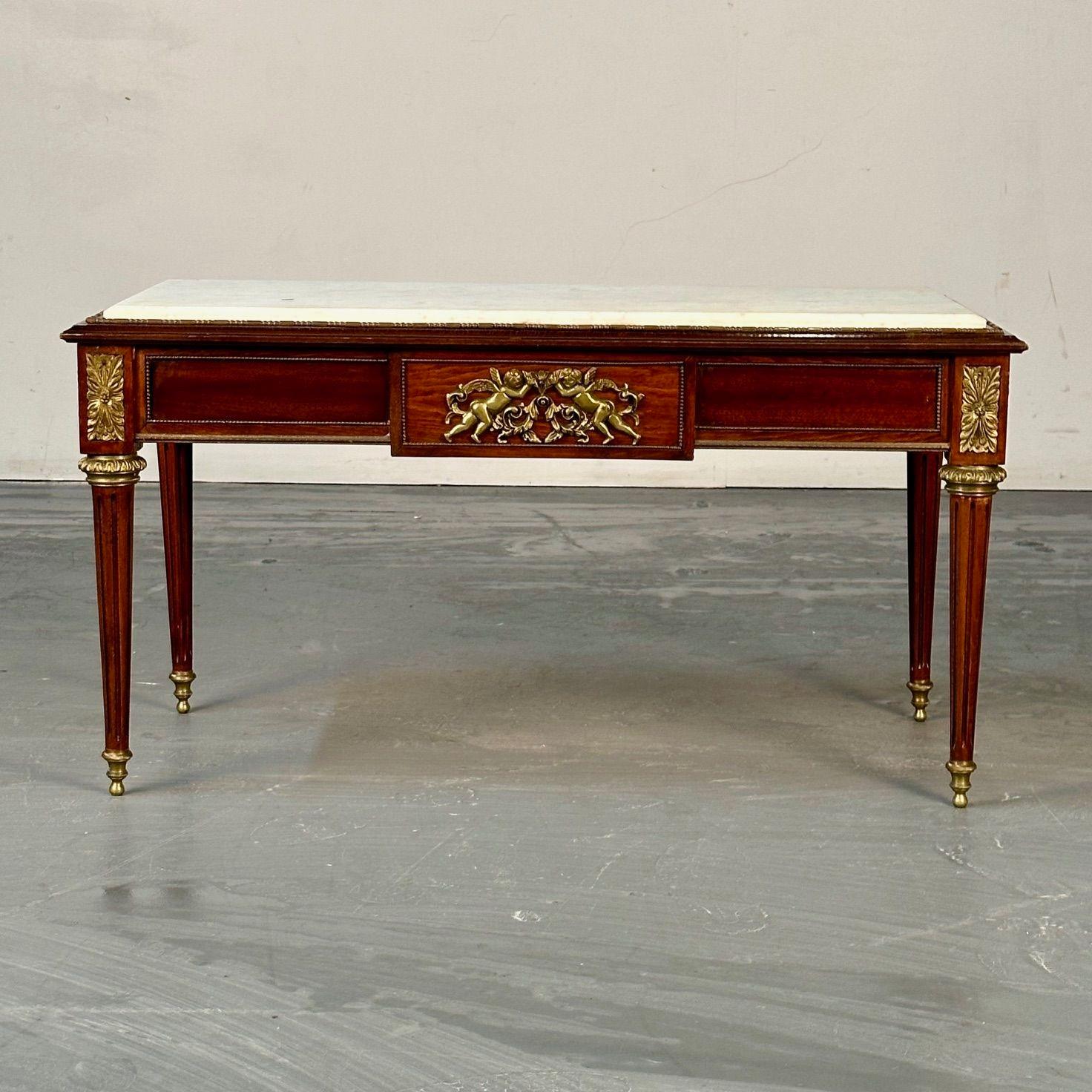 Louis XVI Style, Small Coffee Table, Mahoagany, Bronze, White Marble, 1960s For Sale 5