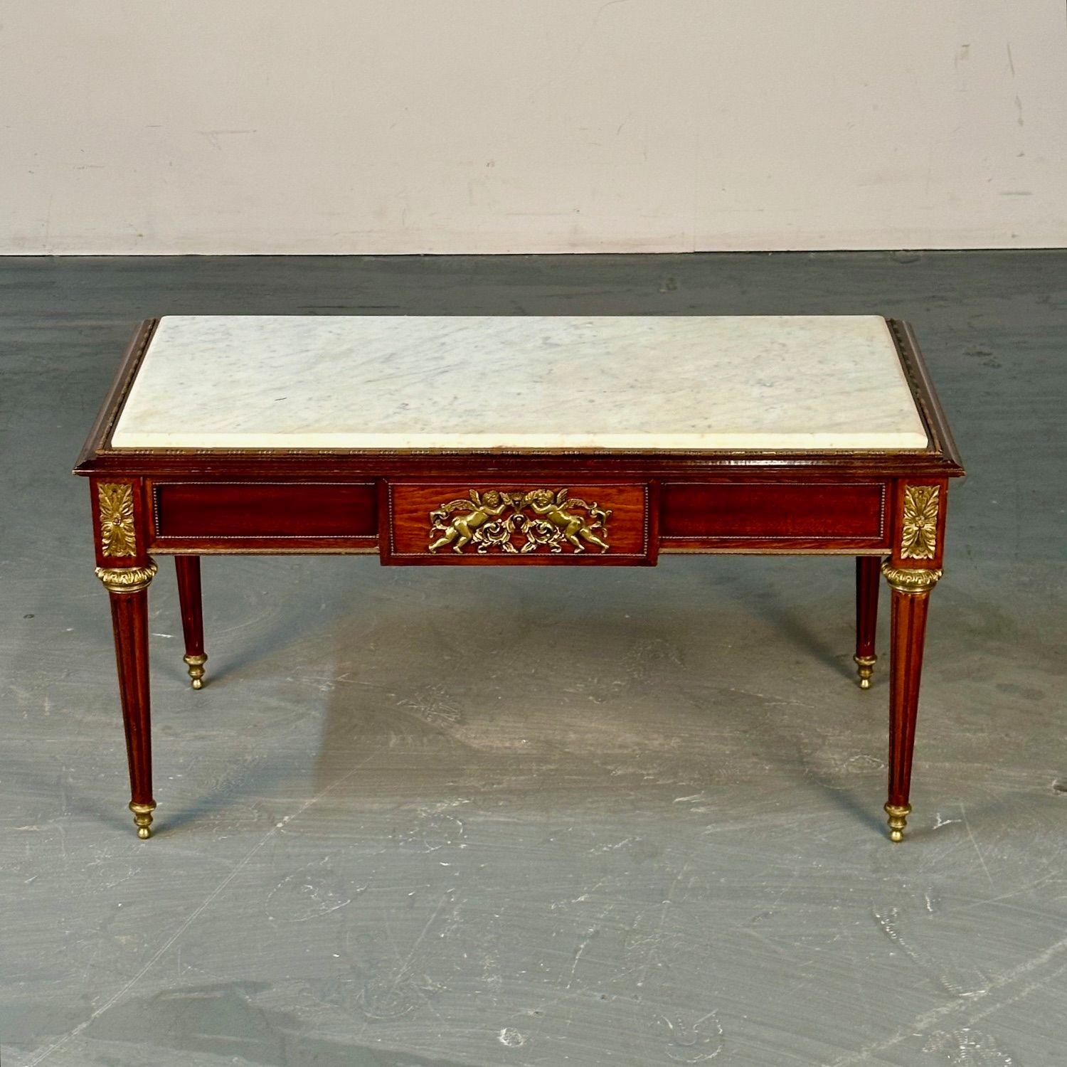 Louis XVI Style, Small Coffee Table, Mahoagany, Bronze, White Marble, 1960s For Sale 6