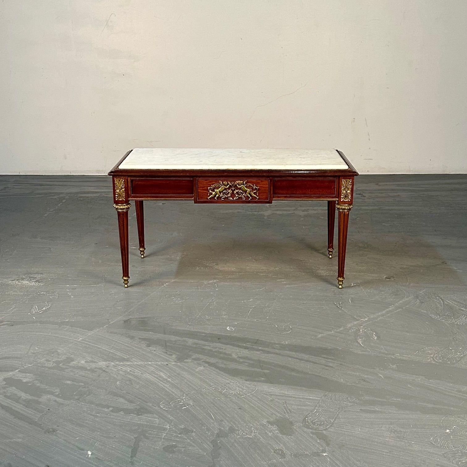 Louis XVI Style, Small Coffee Table, Mahoagany, Bronze, White Marble, 1960s For Sale 7