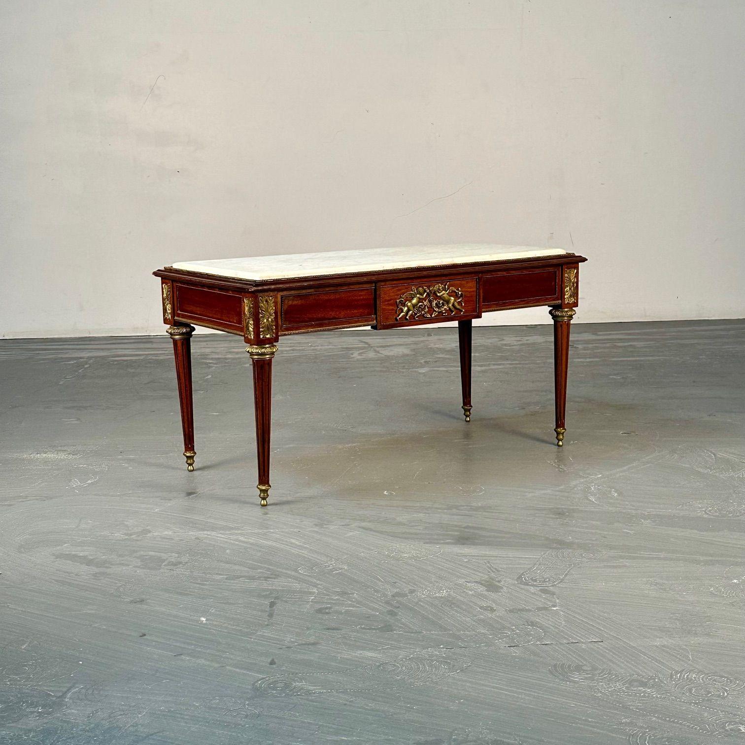 French Louis XVI Style, Small Coffee Table, Mahoagany, Bronze, White Marble, 1960s For Sale