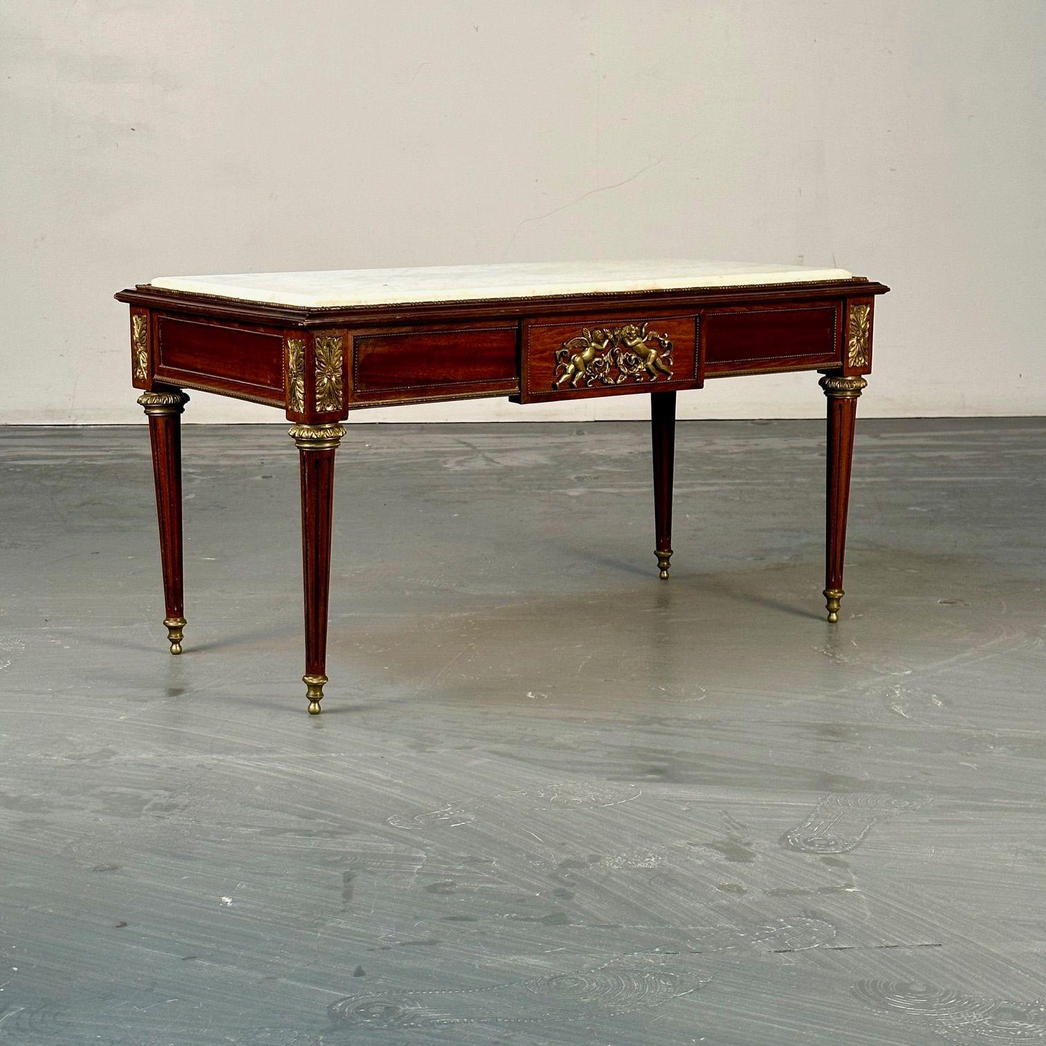 Louis XVI Style, Small Coffee Table, Mahoagany, Bronze, White Marble, 1960s In Good Condition For Sale In Stamford, CT