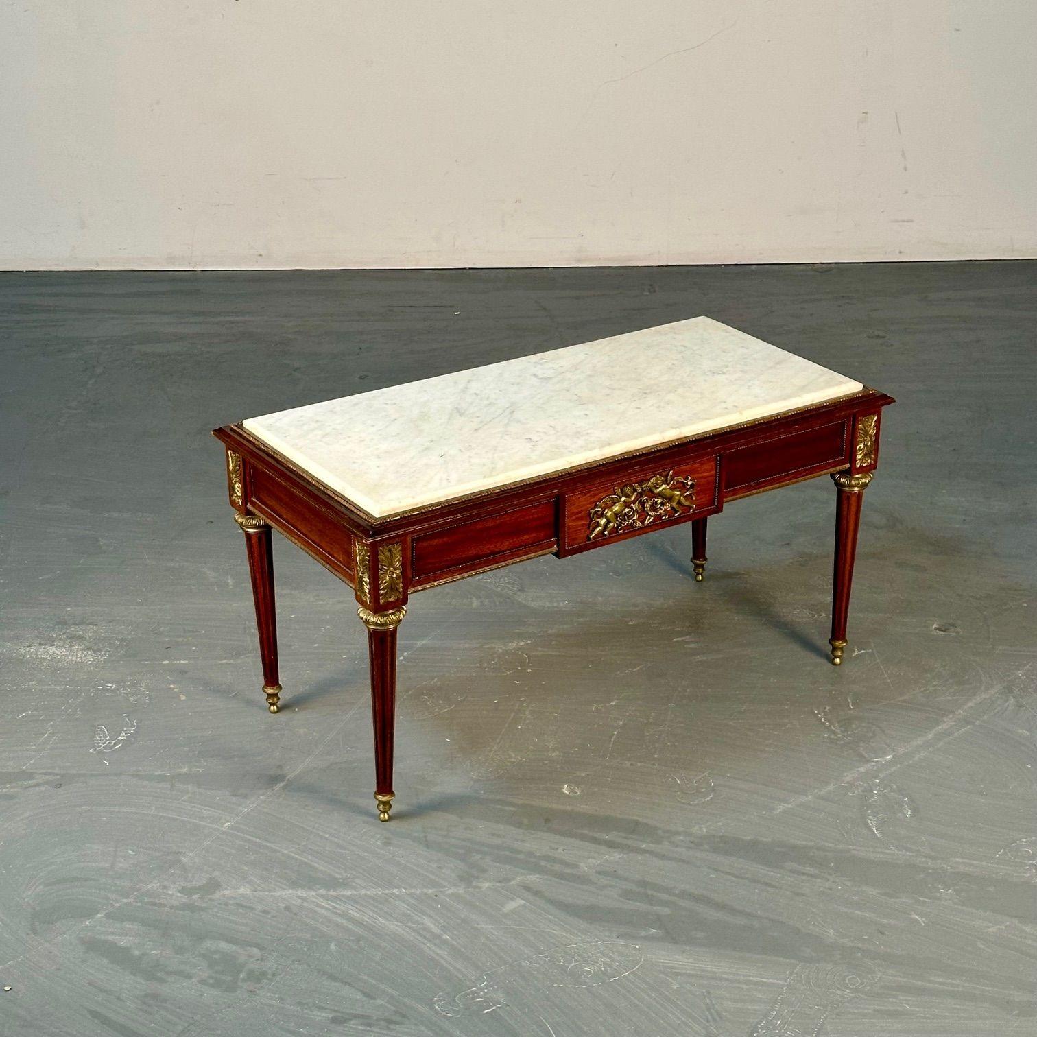 20th Century Louis XVI Style, Small Coffee Table, Mahoagany, Bronze, White Marble, 1960s For Sale