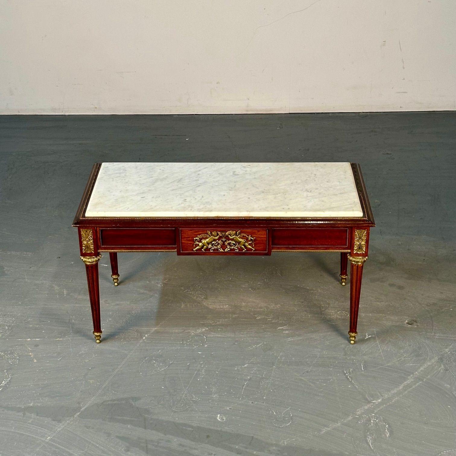 Louis XVI Style, Small Coffee Table, Mahoagany, Bronze, White Marble, 1960s For Sale 1