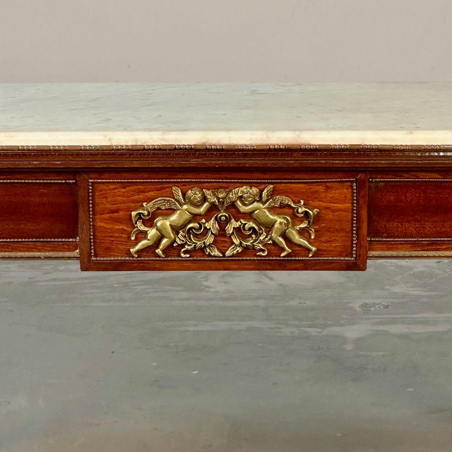 Louis XVI Style, Small Coffee Table, Mahoagany, Bronze, White Marble, 1960s For Sale 2