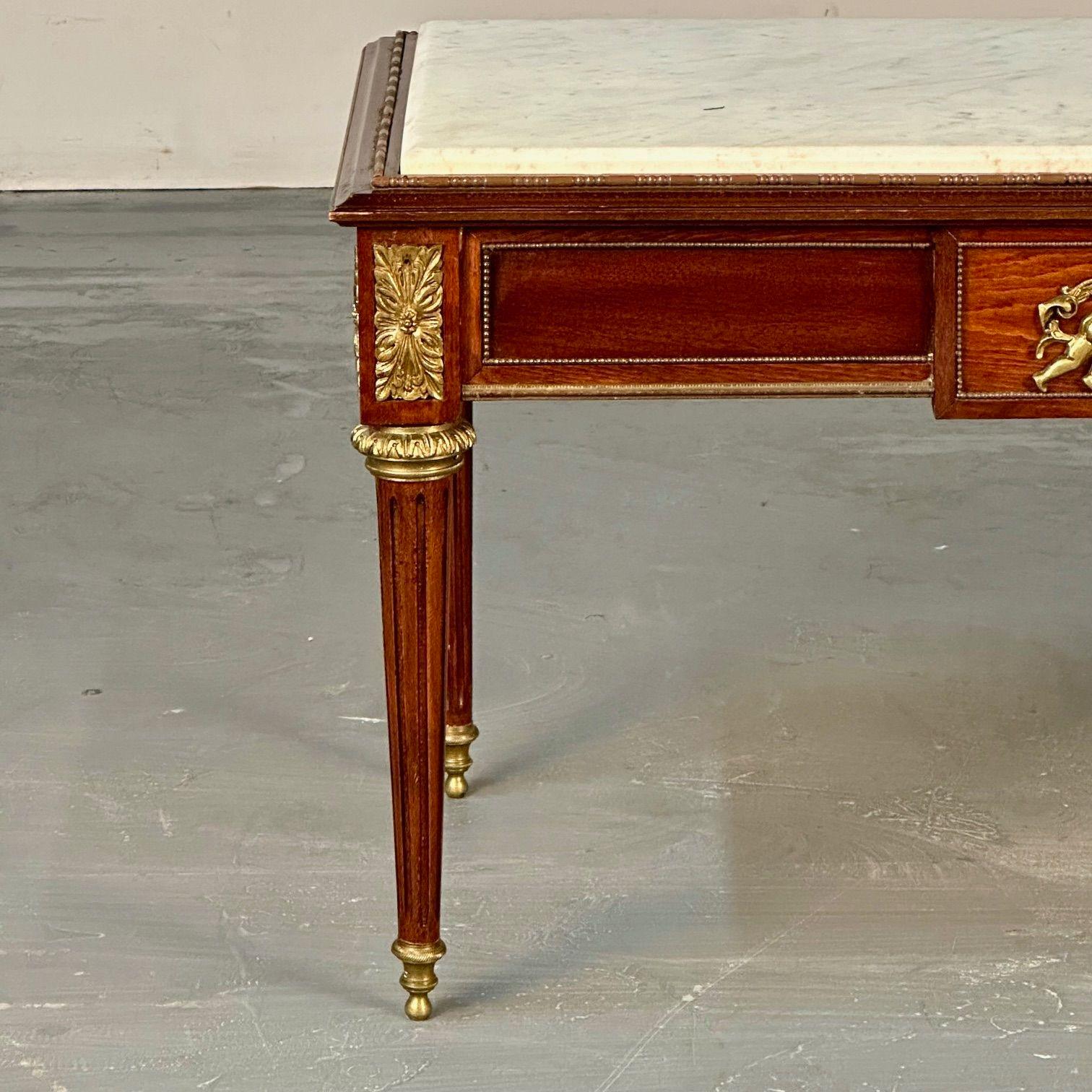 Louis XVI Style, Small Coffee Table, Mahoagany, Bronze, White Marble, 1960s For Sale 3