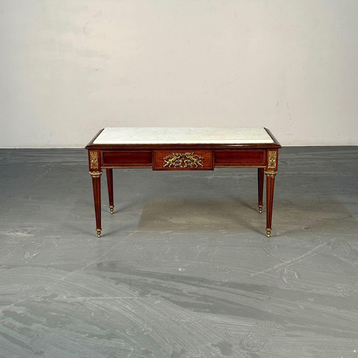 Louis XVI Style, Small Coffee Table, Mahoagany, Bronze, White Marble, 1960s For Sale 4