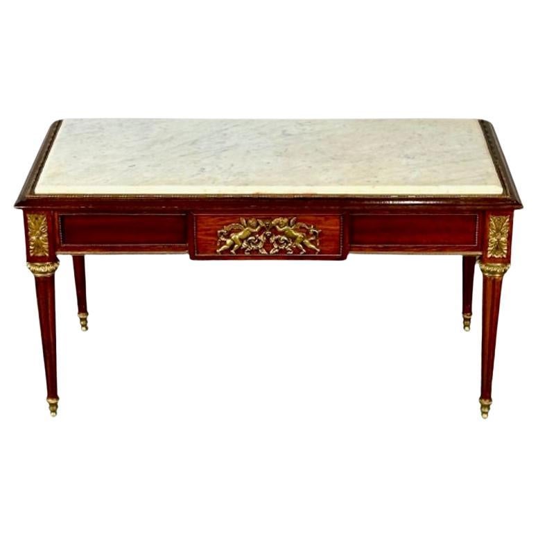 Louis XVI Style, Small Coffee Table, Mahoagany, Bronze, White Marble, 1960s For Sale