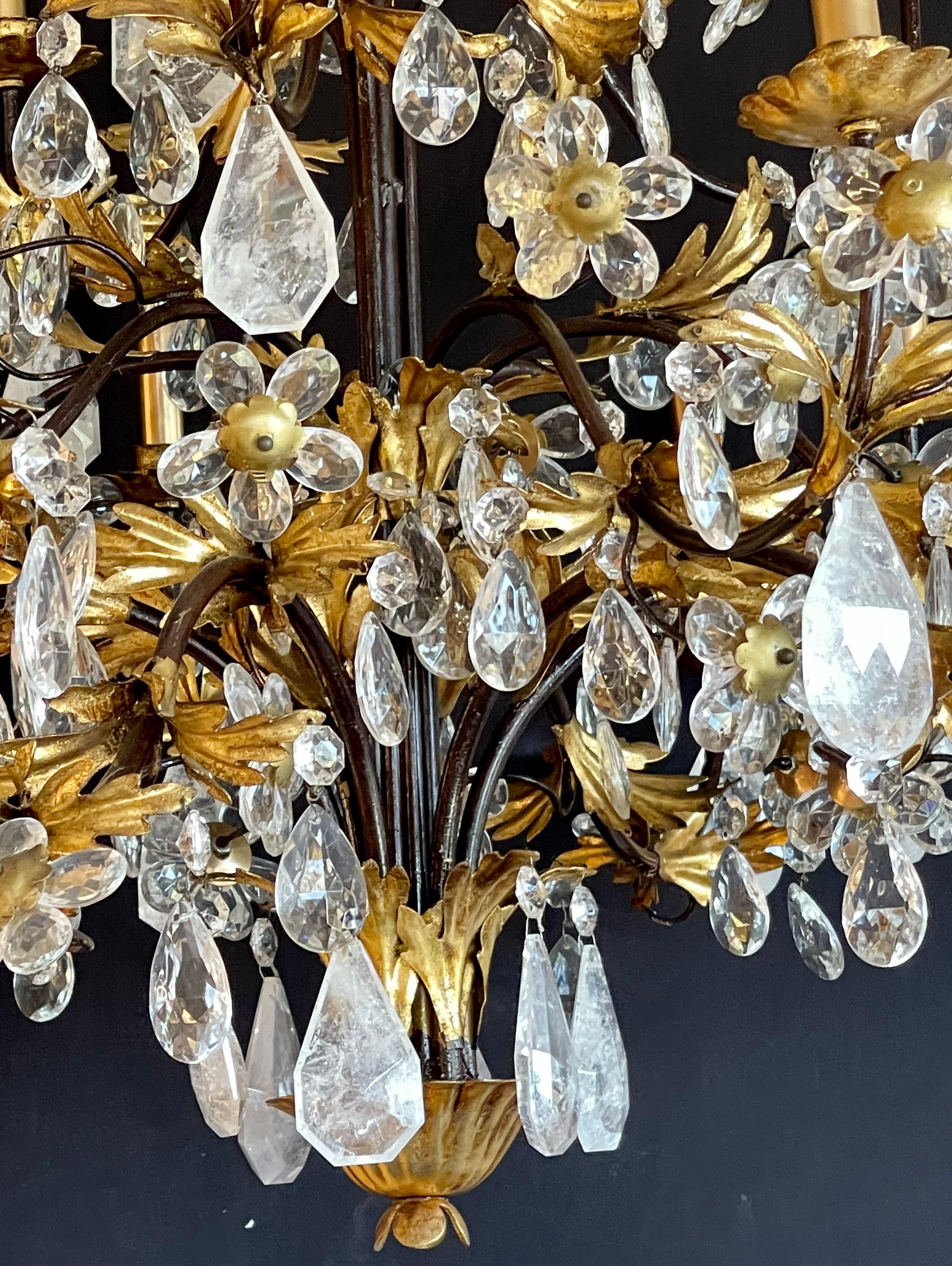 Louis XVI Style Rock Crystal Chandelier, Ebony and Gilt Metal Design For Sale 5
