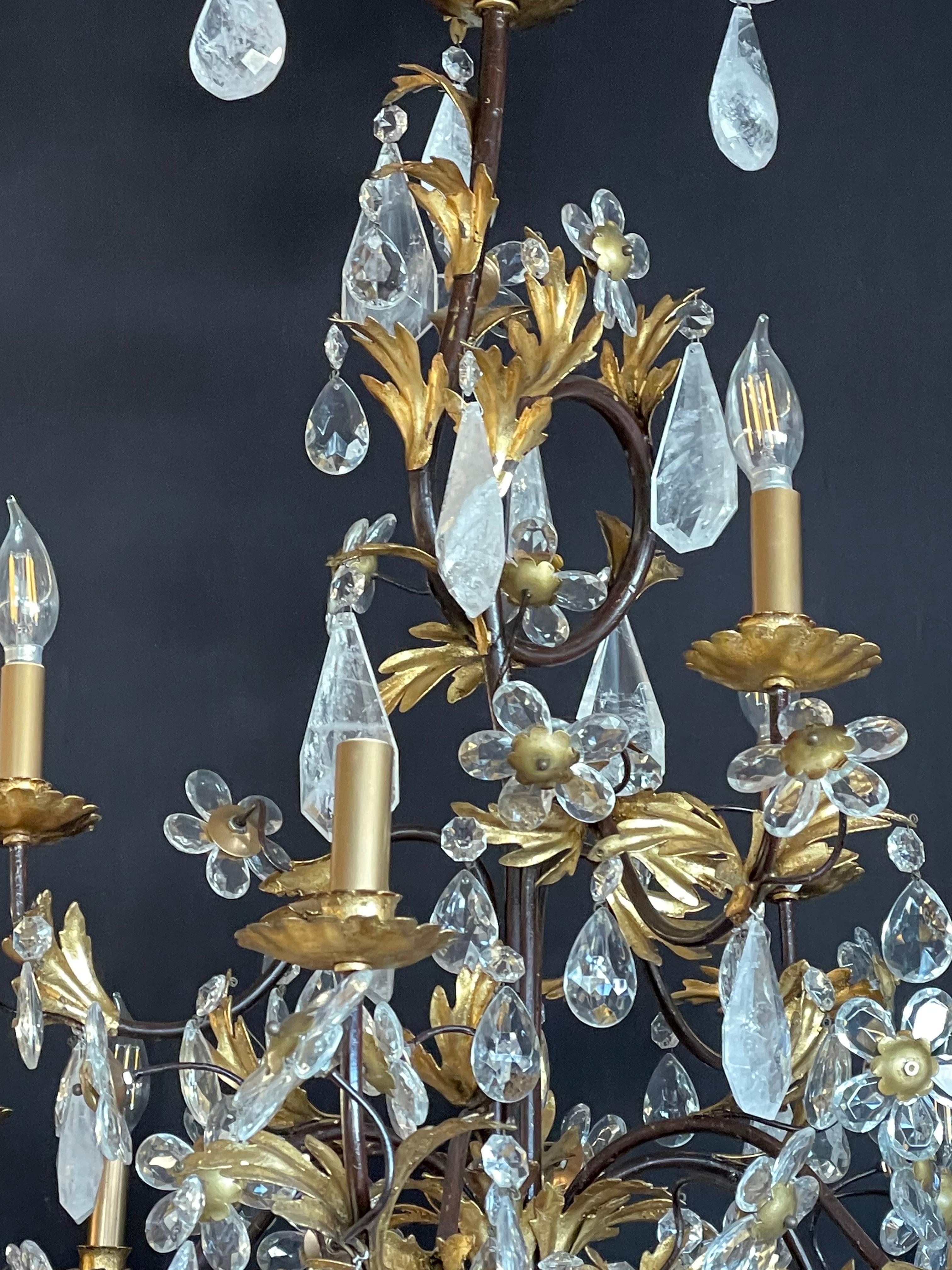 Louis XVi Style Rock Crystal Chandelier, Ebony and Gilt Metal Design For Sale 6