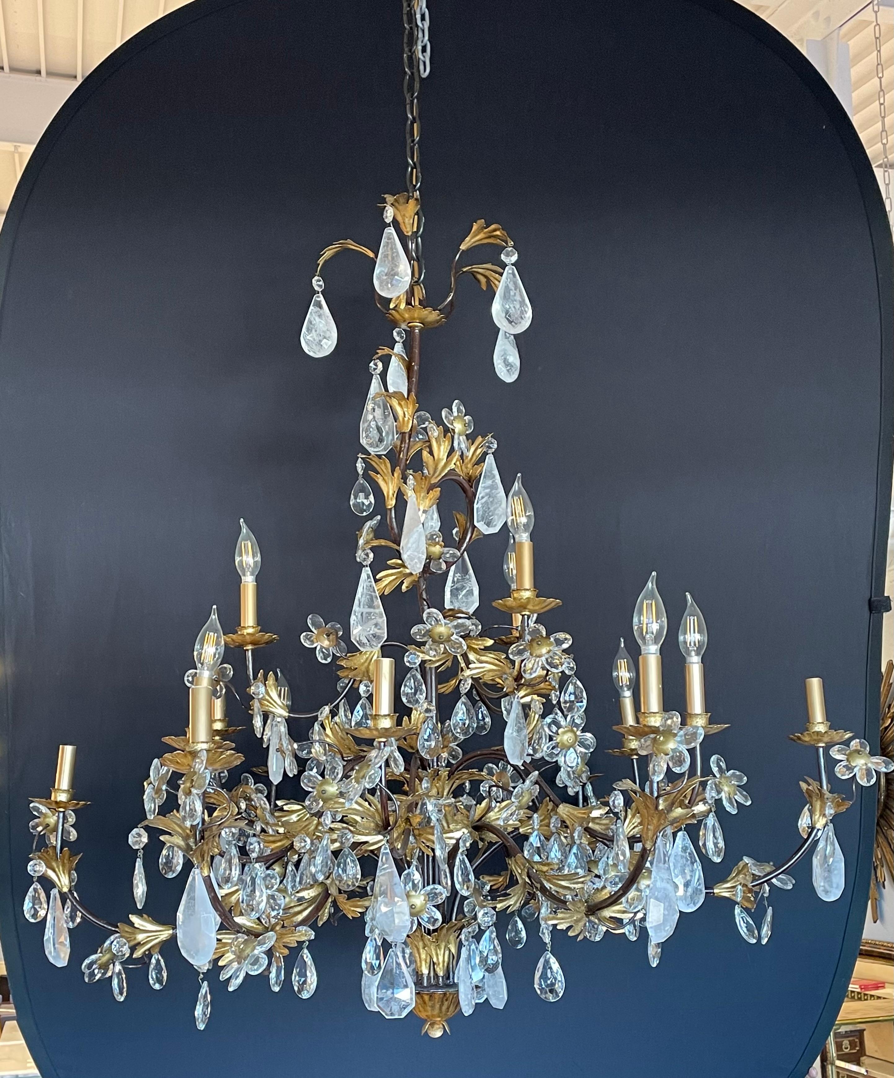 Louis XVi Style Rock Crystal Chandelier, Ebony and Gilt Metal Design For Sale 7