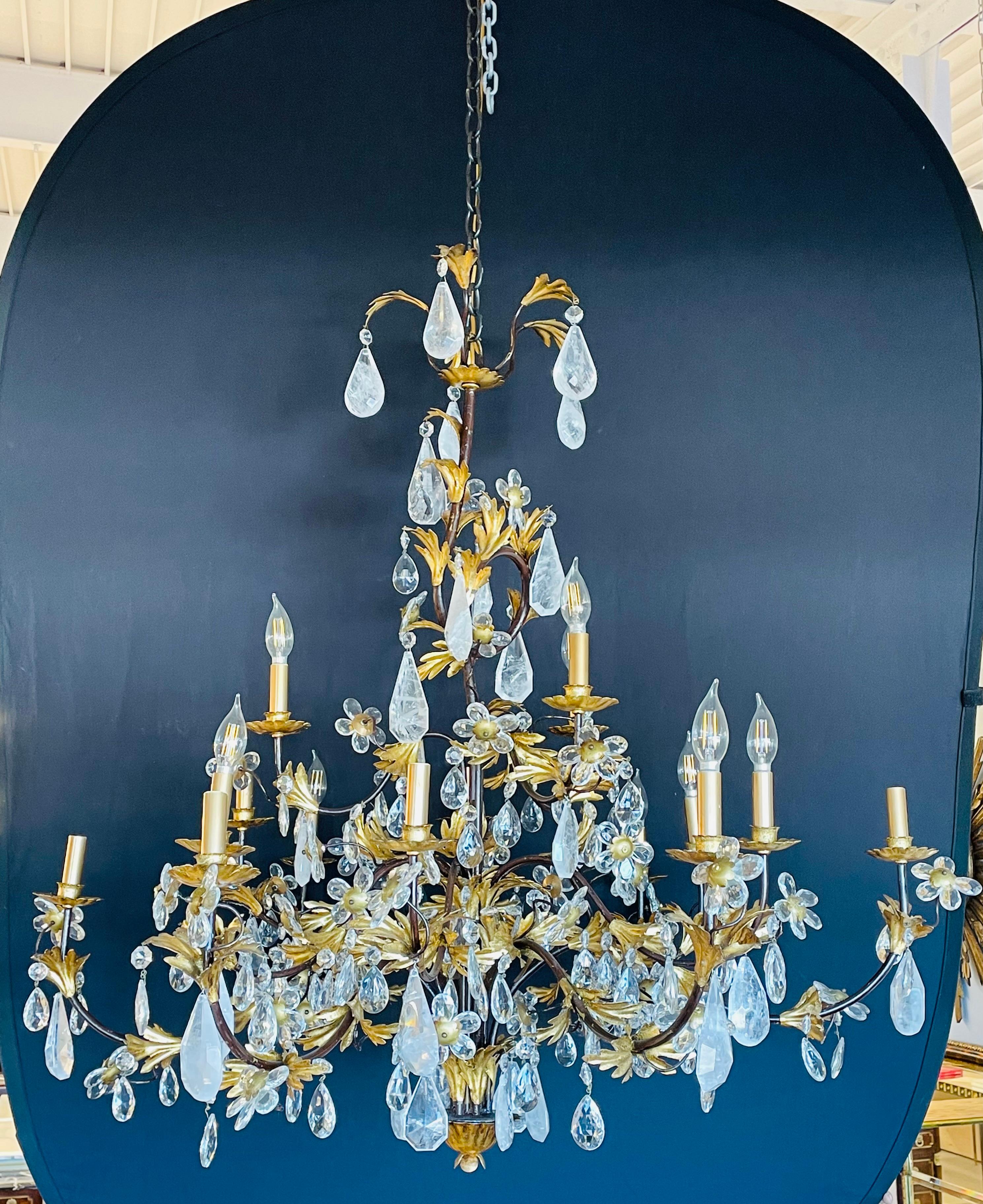 Louis XVi Style Rock Crystal Chandelier, Ebony and Gilt Metal Design For Sale 8