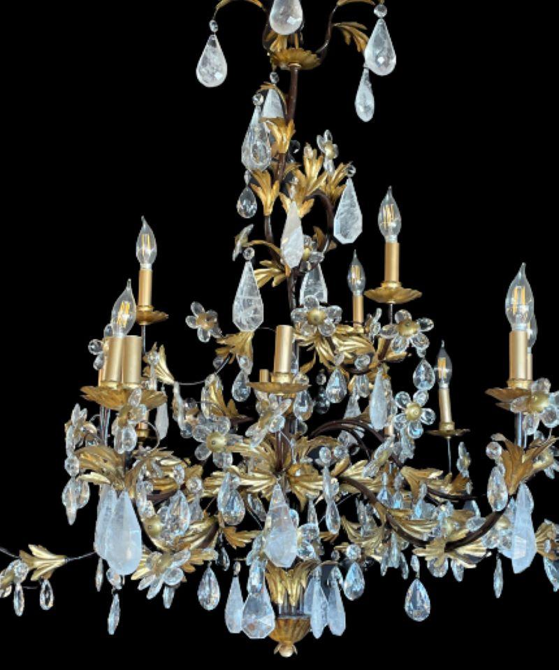 Louis XVi Style Rock Crystal Chandelier, Ebony and Gilt Metal Design In Good Condition For Sale In Stamford, CT