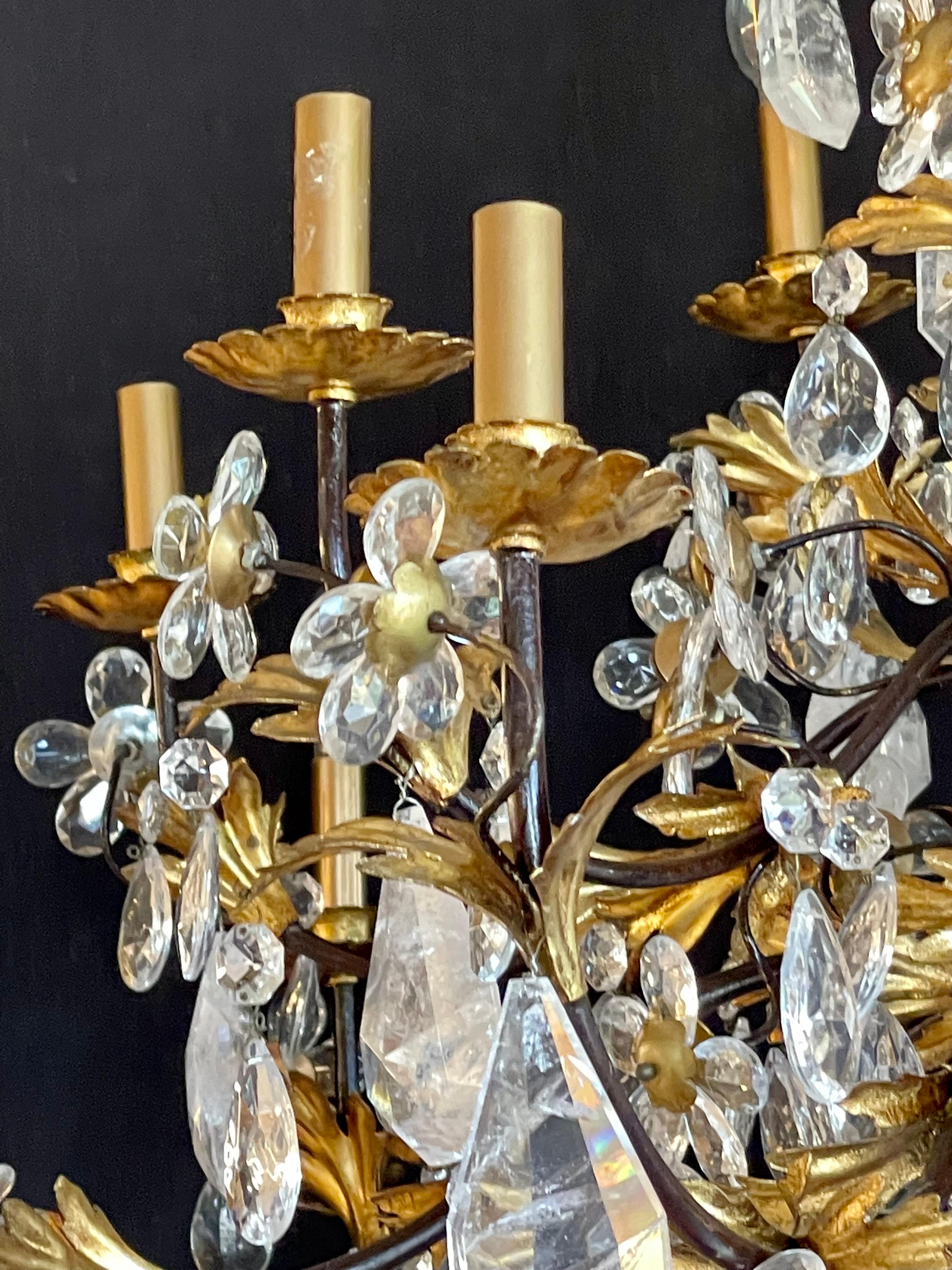 Louis XVI Style Rock Crystal Chandelier, Ebony and Gilt Metal Design In Good Condition For Sale In Stamford, CT