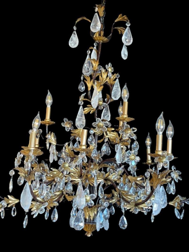 Early 20th Century Louis XVi Style Rock Crystal Chandelier, Ebony and Gilt Metal Design For Sale