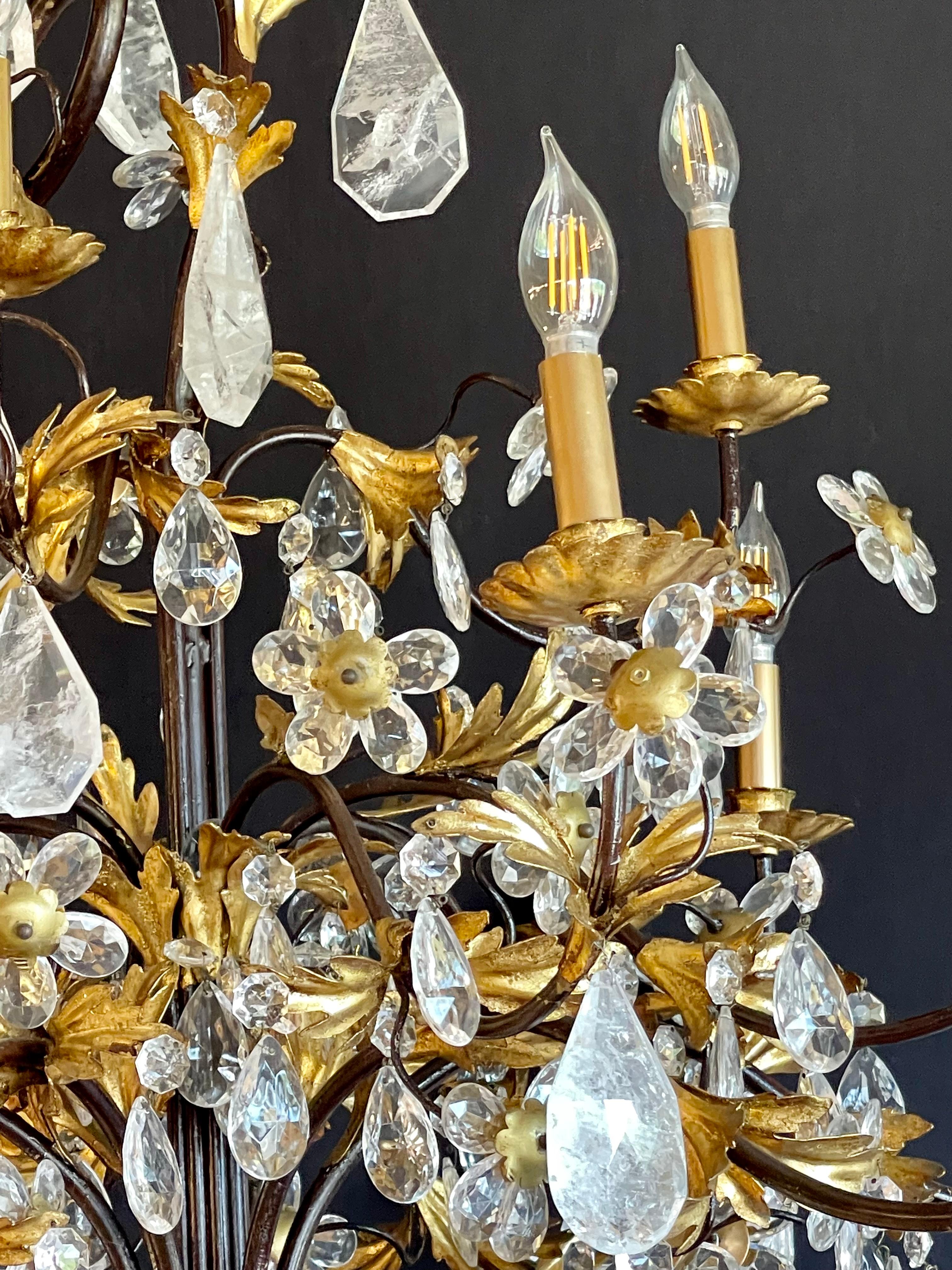 Mid-20th Century Louis XVI Style Rock Crystal Chandelier, Ebony and Gilt Metal Design For Sale