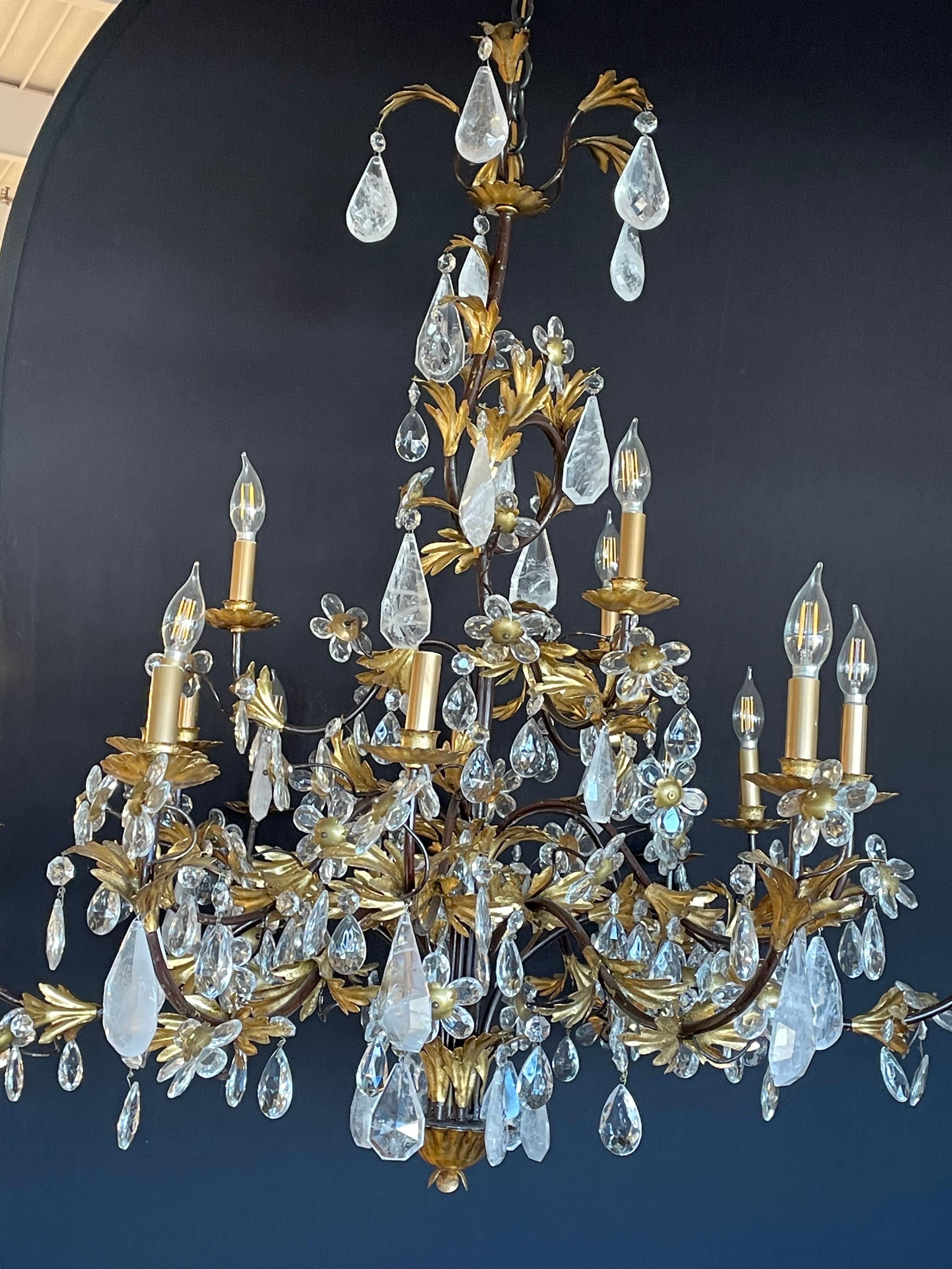 Louis XVi Style Rock Crystal Chandelier, Ebony and Gilt Metal Design For Sale 1
