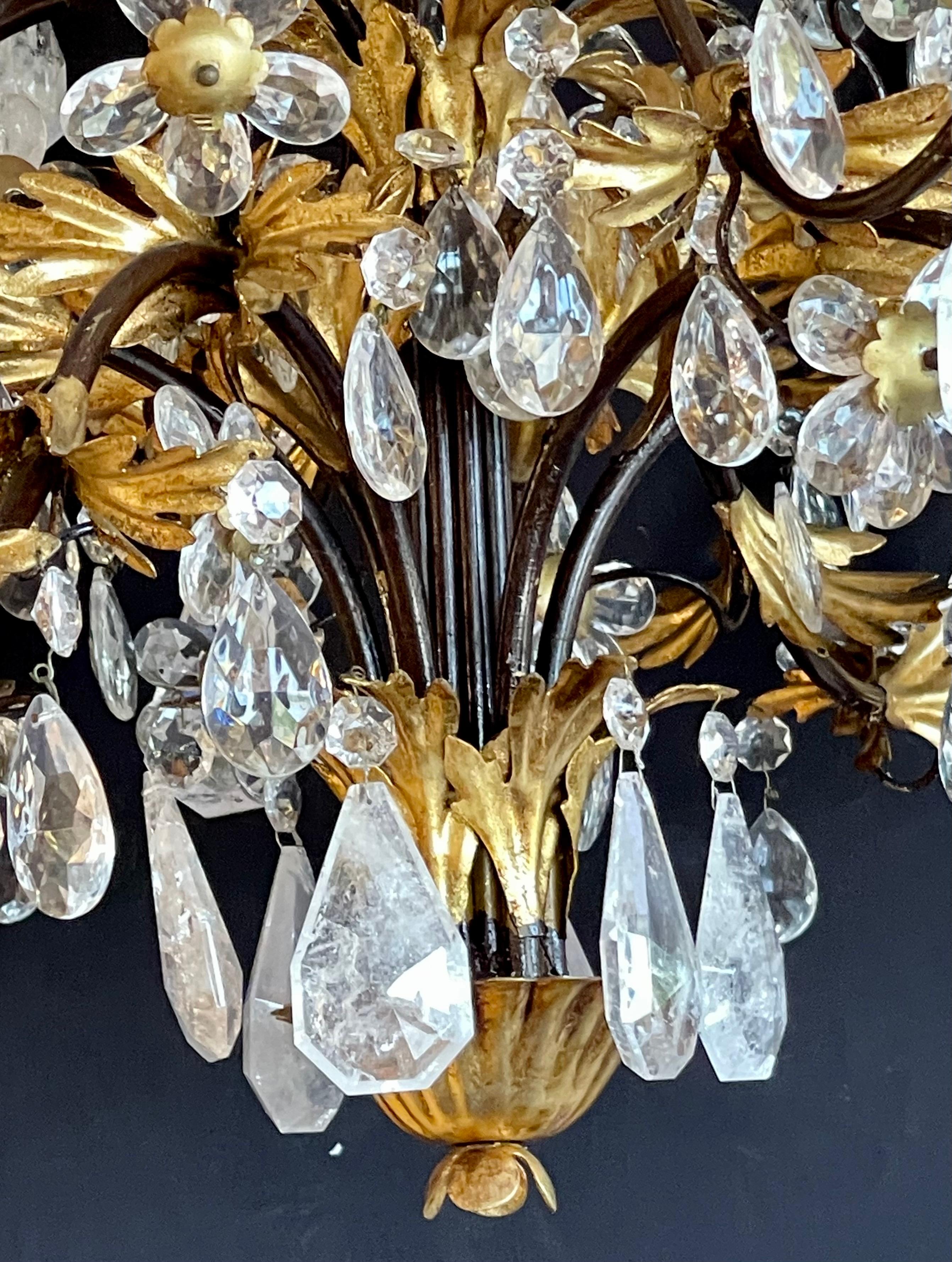Louis XVI Style Rock Crystal Chandelier, Ebony and Gilt Metal Design For Sale 1