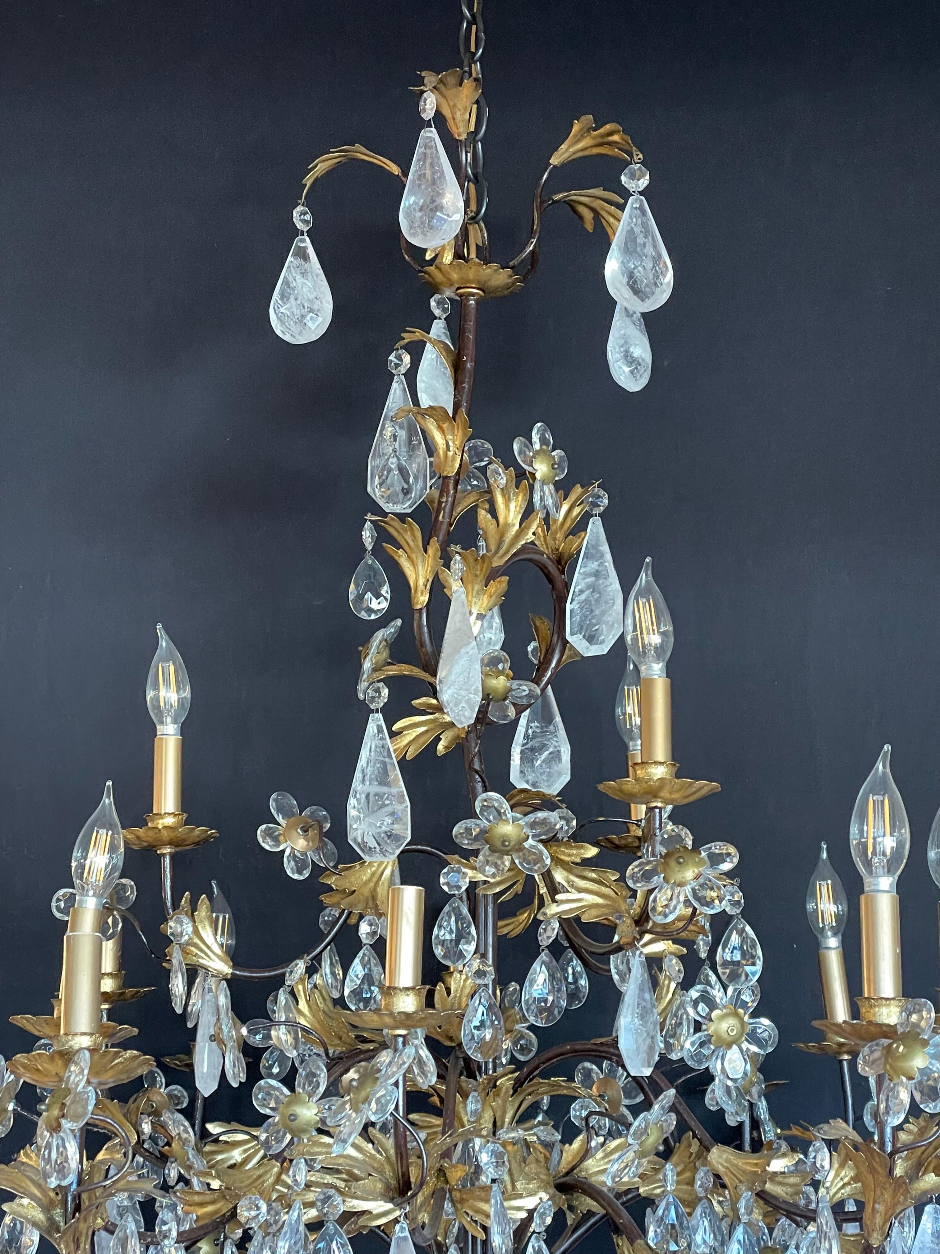 Louis XVi Style Rock Crystal Chandelier, Ebony and Gilt Metal Design For Sale 2