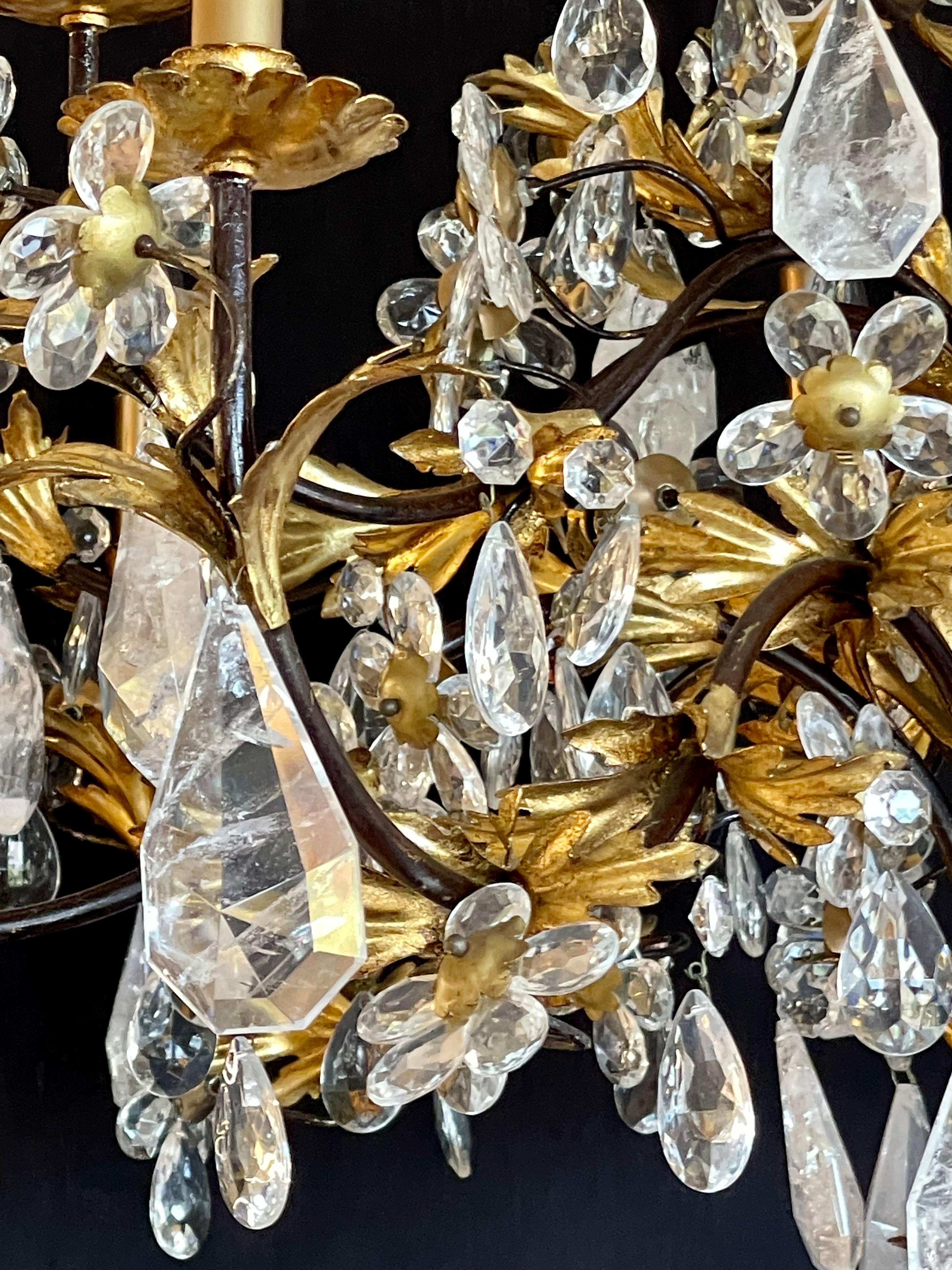 Louis XVI Style Rock Crystal Chandelier, Ebony and Gilt Metal Design For Sale 2