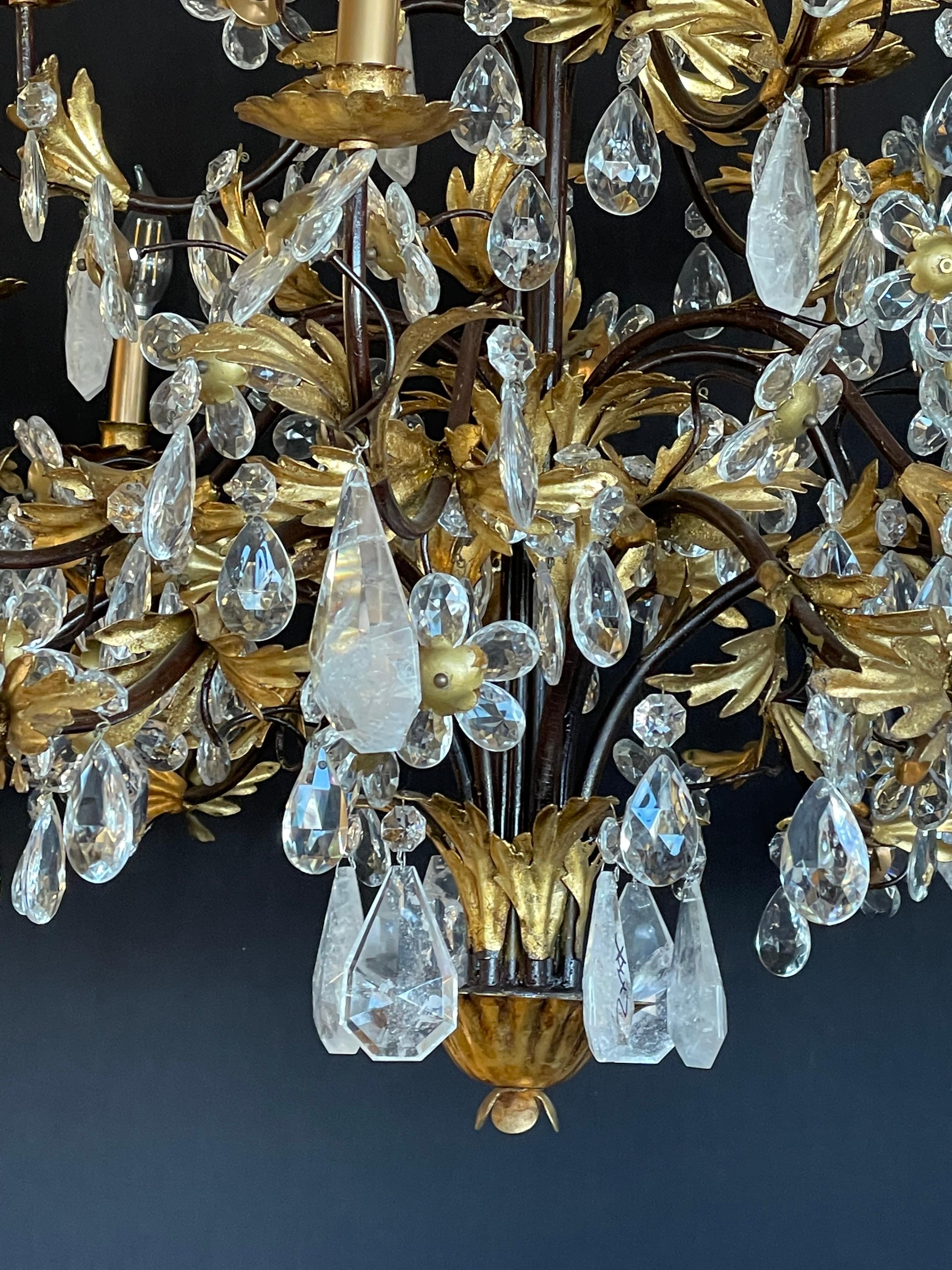 Louis XVi Style Rock Crystal Chandelier, Ebony and Gilt Metal Design For Sale 3