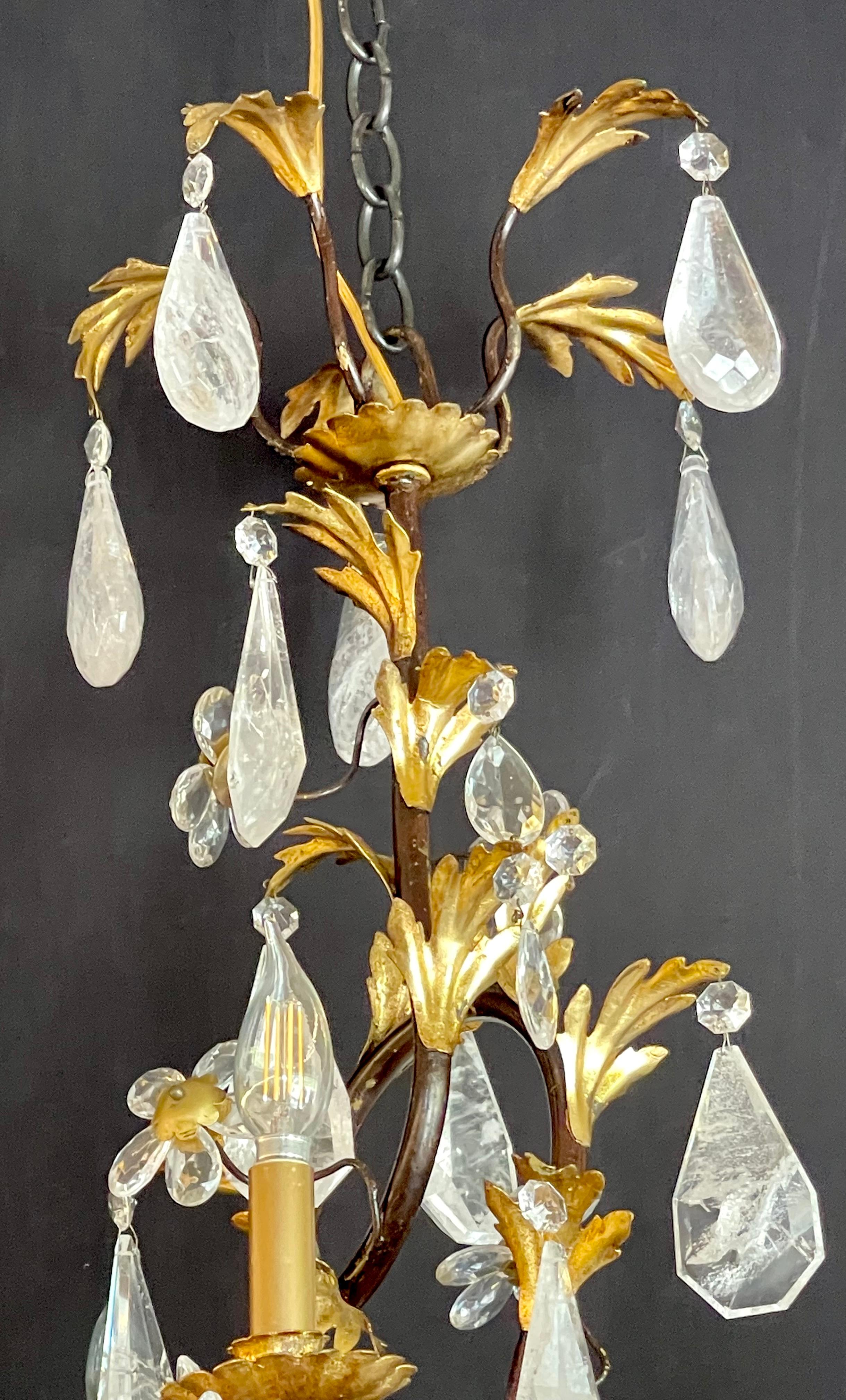 Louis XVI Style Rock Crystal Chandelier, Ebony and Gilt Metal Design For Sale 3