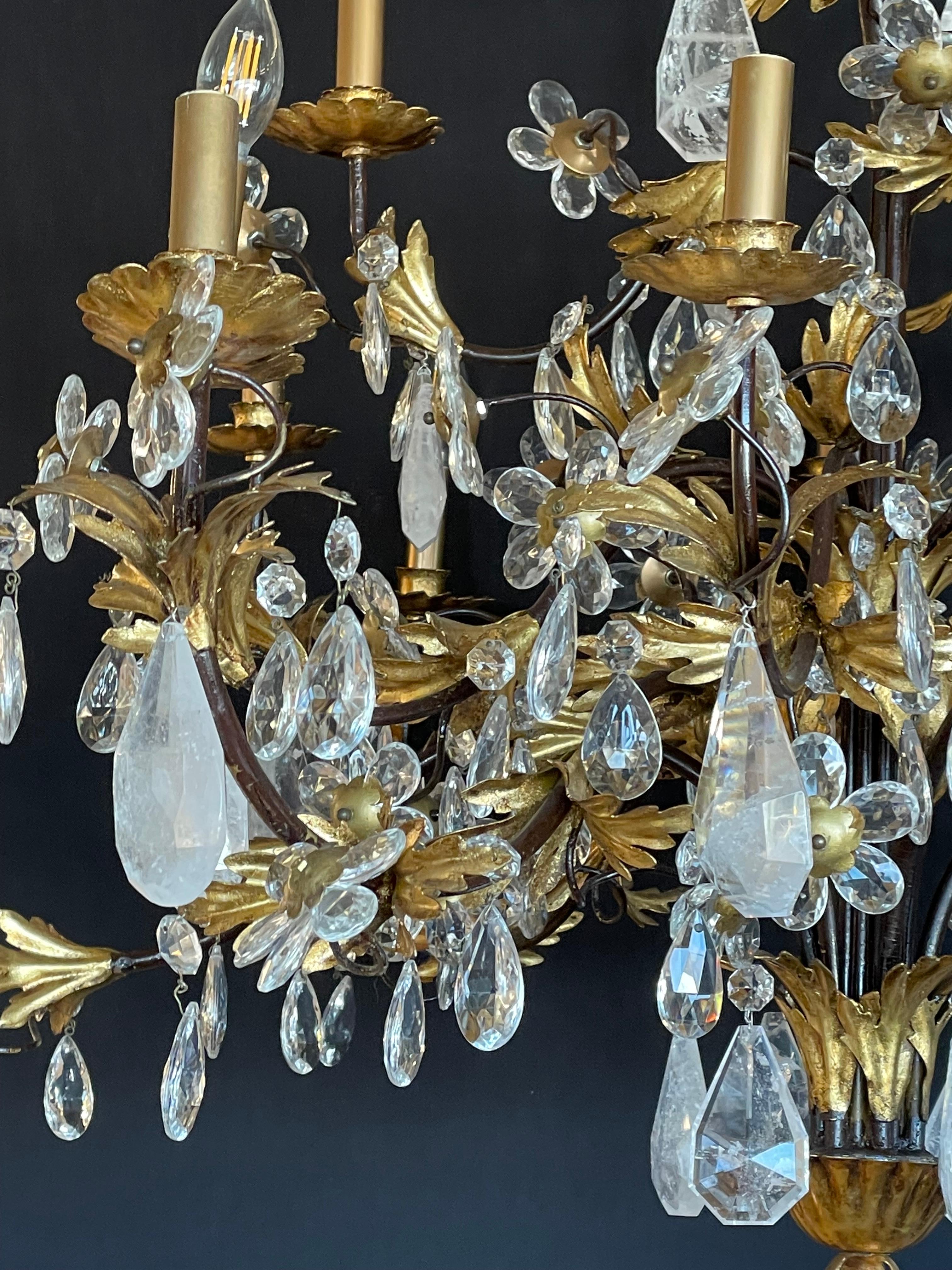 Louis XVi Style Rock Crystal Chandelier, Ebony and Gilt Metal Design For Sale 4
