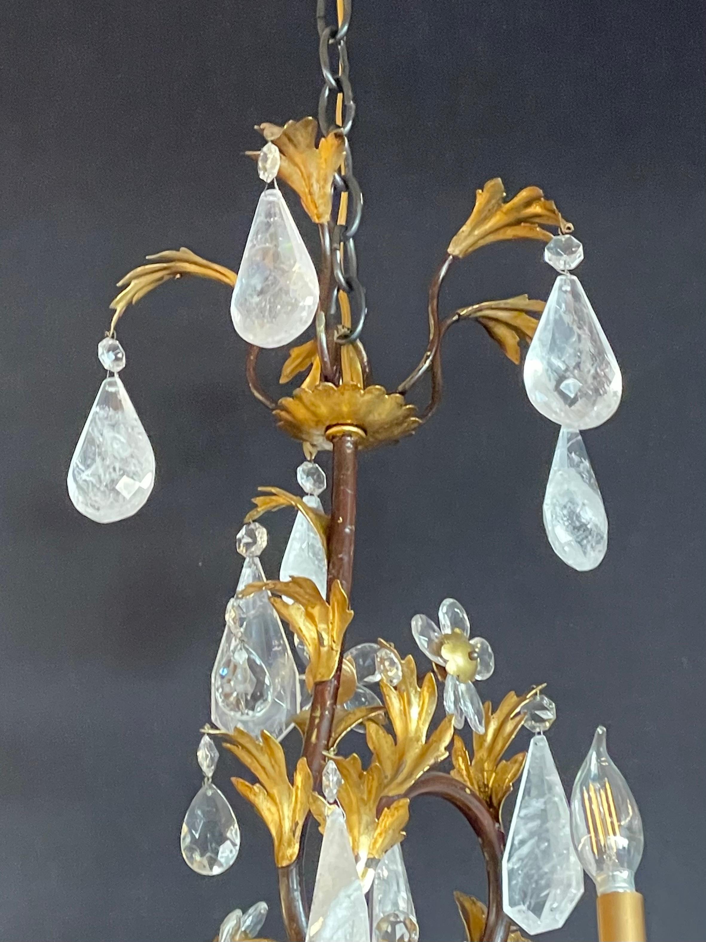 Louis XVi Style Rock Crystal Chandelier, Ebony and Gilt Metal Design For Sale 5